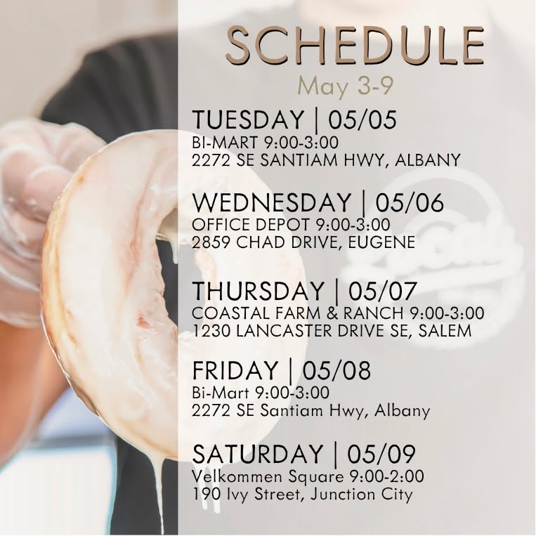Good morning! 🌤
It's a busy week for us here at Local's! As you can see, we are coming to SALEM this Thursday (05/07)! Please help us spread the word! 🥳
We know you all love a filled donut so we are bringing a brand new fruit filling flavor to you this week.
✨THE MARION BERRY FILLED DONUT✨
The Marion Berry Filled Donut is a donut filled with our house made Marion berry filling. It is then rolled in powdered sugar.
✨Did you know Marionberries were developed in Oregon in 1956? Oregon still accounts for 90% of the worldwide acreage of Marionberries. This berry is known for it’s tart, earthy, and sweet flavor. It is named after Marion County, Oregon where it originated.
ALBANY. You can find us in our normal spot at Bi-Mart tomorrow, May 5th.
ADDRESS: 2272 SE Santiam Hwy, Albany
HOURS: 9-3
Along with our special, we will also be serving our original vanilla glazed donuts, cinnamon sugar donuts, handcrafted soft pretzels, and Blue Silo Creamery milk and chocolate milk.
GIVEAWAY: We are giving away a half dozen donuts/pretzels to 2 lucky followers!
TO ENTER:
✨LIKE THIS POST
✨FOLLOW OUR PAGE
✨TAG YOUR FRIENDS
Winners will be announced tomorrow morning and will also be contacted directly. Please be aware of scammers posing as our page, we will NEVER ask for credit card/personal information to claim your prize.
See you soon! 🫶