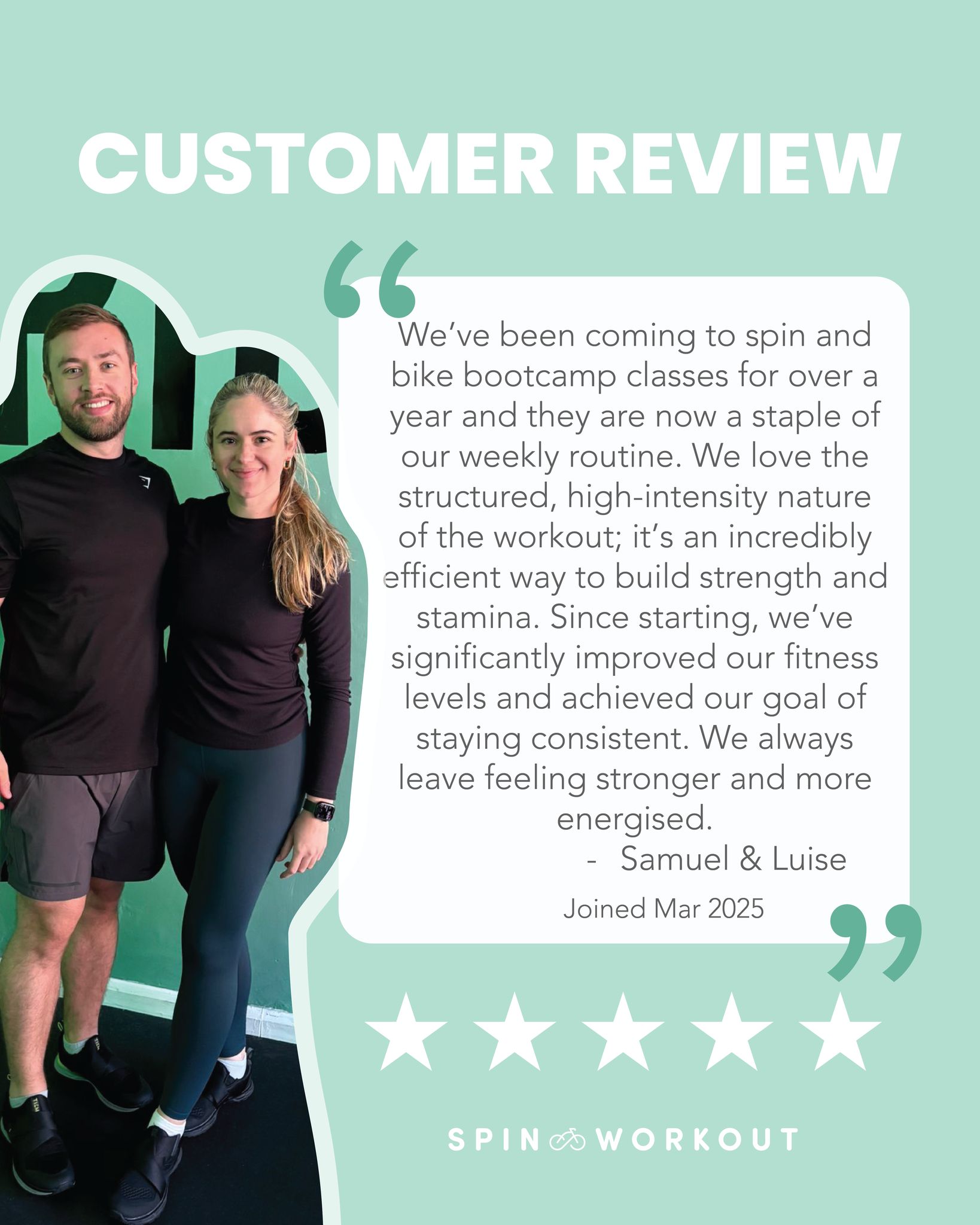 Meet Samuel and Luise — they joined us in March 2025 and have been showing up, putting in the work, and staying consistent ever since 🚴♀️
"We’ve been coming to spin and bike bootcamp classes for over a year and they are now a staple of our weekly routine. We love the structured, high-intensity nature of the workout; it’s an incredibly efficient way to build strength and stamina. Since starting, we’ve significantly improved our fitness levels and achieved our goal of staying consistent. We always leave feeling stronger and more energised."
Their journey is exactly what it’s all about; building strength, boosting stamina, and making fitness a sustainable part of life.
Thank you both for being part of our community!
⭐️⭐️⭐️⭐️⭐️
#SpinAndWorkout #CustomerReview #FitnessCommunity #SpinClass #BikeBootcamp #WorkoutMotivation #WellnessJourney #FitnessTransformation #Community #SouthEastLondon #LeeGreen