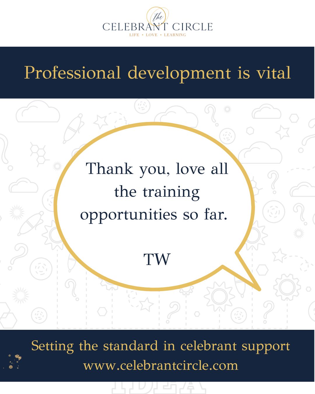 Our support and training doesn't end on the Friday you finish your training!
(unlike some training schools!!! 😳)
Each month, we offer at least two professional development sessions for you to attend to develop and grow your business.
🌱Development sessions are vital for staying up-to-date with current legislation, exploring new ideas, practising skills, and staying fresh and relevant.
All professionals undergo some form of professional development, and as professional celebrants, you are no different.
Fun, interactive, hands-on and varied.
Celebrant Circle are setting the standard in celebrant support.
Come and join us - you're very welcome
Shelley, Jacqueline, Fiona, Mark and Clare