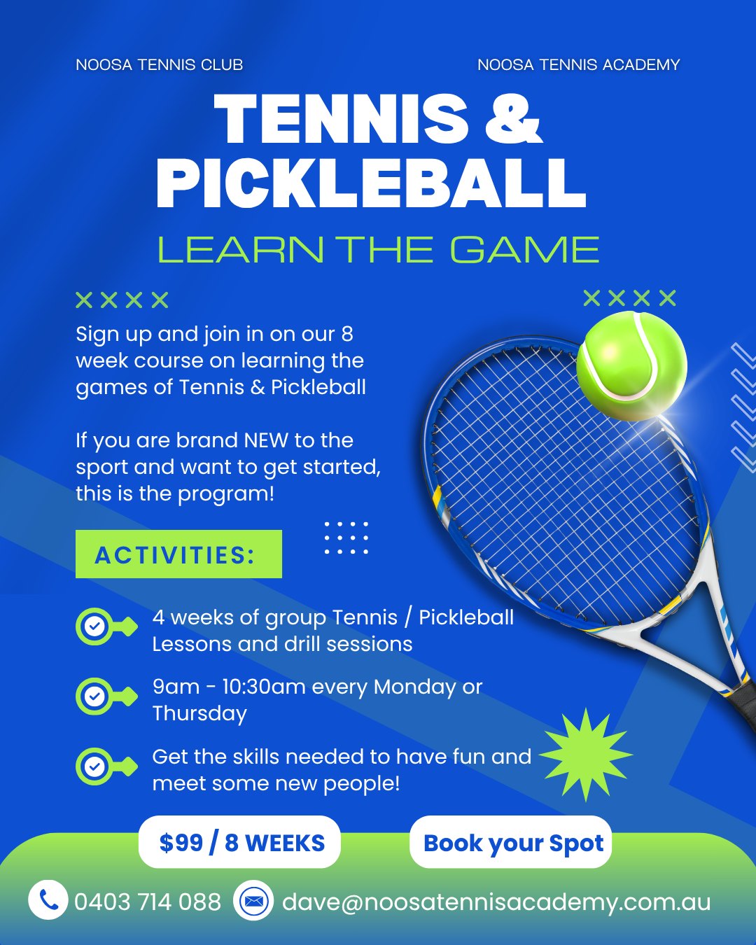 ๐พ Ready to learn Tennis & Pickleball?
Join our 8-week beginner-friendly program and build your skills in a fun, social environment! Whether you're completely new or just getting started, this course is designed for you.
Sessions starting on week of the 18th May
โ
Group lessons & drill sessions
โ
Mondays or Thursdays | 9:00โ10:30am
โ
Meet new people & have fun while learning
๐ฒ Only $99 for 8 weeks
Spots are limitedโbook yours today!
๐ 0403 714 088
๐ง dave@noosatennisacademy.com.au
#Tennis #Pickleball #Noosa #LearnToPlay #BeginnerFriendly #StayActive #SocialSport