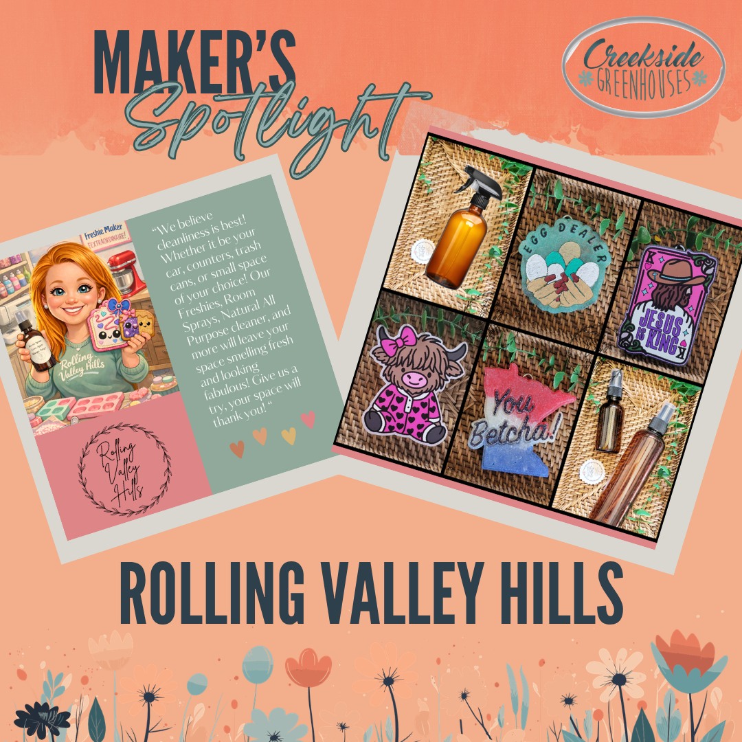 🌸New Maker at the Market🌸
Rolling Valley Hills believes cleanliness is best! Whether it be your car, counters, trash cans, or small space of your choice! Our Freshies, Room Sprays, Natural All Purpose Cleaner, and more will leave your space smelling fresh and looking fabulous! Give us a try, your space will Thank You!
At Creekside Greenhouses for our Maker's Market on Sat May 16th 9a-2p.
#creeksidegreenhouses #creeksidemakersmarket #creeksidegreenhousesmn #creekside #flowerpower #makersgonnamake #makerspotlights
