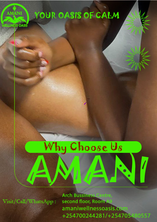 Why Choose Amani Wellness Oasis?
Because your comfort, relaxation, and wellness matter to us.
We provide a calm and professional environment where every treatment is done with care to help you relax, recharge, and feel your best.
From massage therapy to skincare treatments, we focus on giving you a peaceful wellness experience every time
📍 Arch Business Centre, 2nd Floor, Room A9, Along Eastern Bypass
📞 0700 244 281 | 0705 480 557
#AmaniWellnessOasis #WellnessCare #Relaxation #SelfCare