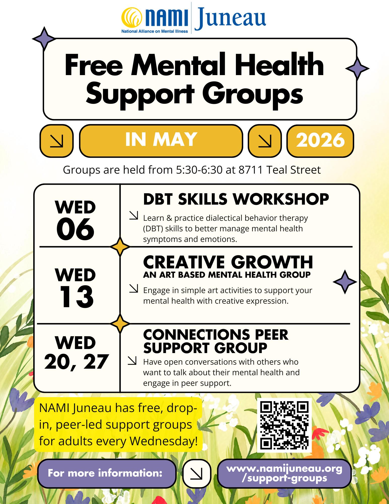 Free, peer-led support groups in May at NAMI Juneau! Find our more information at the link in our bio or at namijuneau.org/support-groups.
Spring can be a time of difficult mental health for many of us. If that's you, know you're not alone. We hope to see you at a group this month.