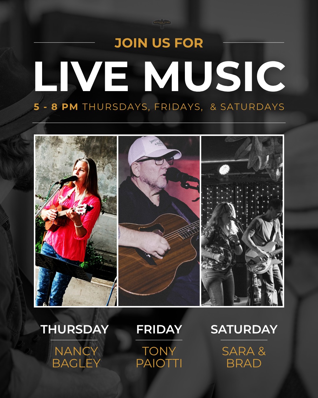Join us for live music every Thursday, Friday & Saturday 5-8pm! This week we have performances by Nancy Bagley, Tony Paiotti, & Sara & Brad! 🎶🥂
#RavensViewWineBar #CaveCreekMusic #CaveCreekLiveMusic #CaveCreek
