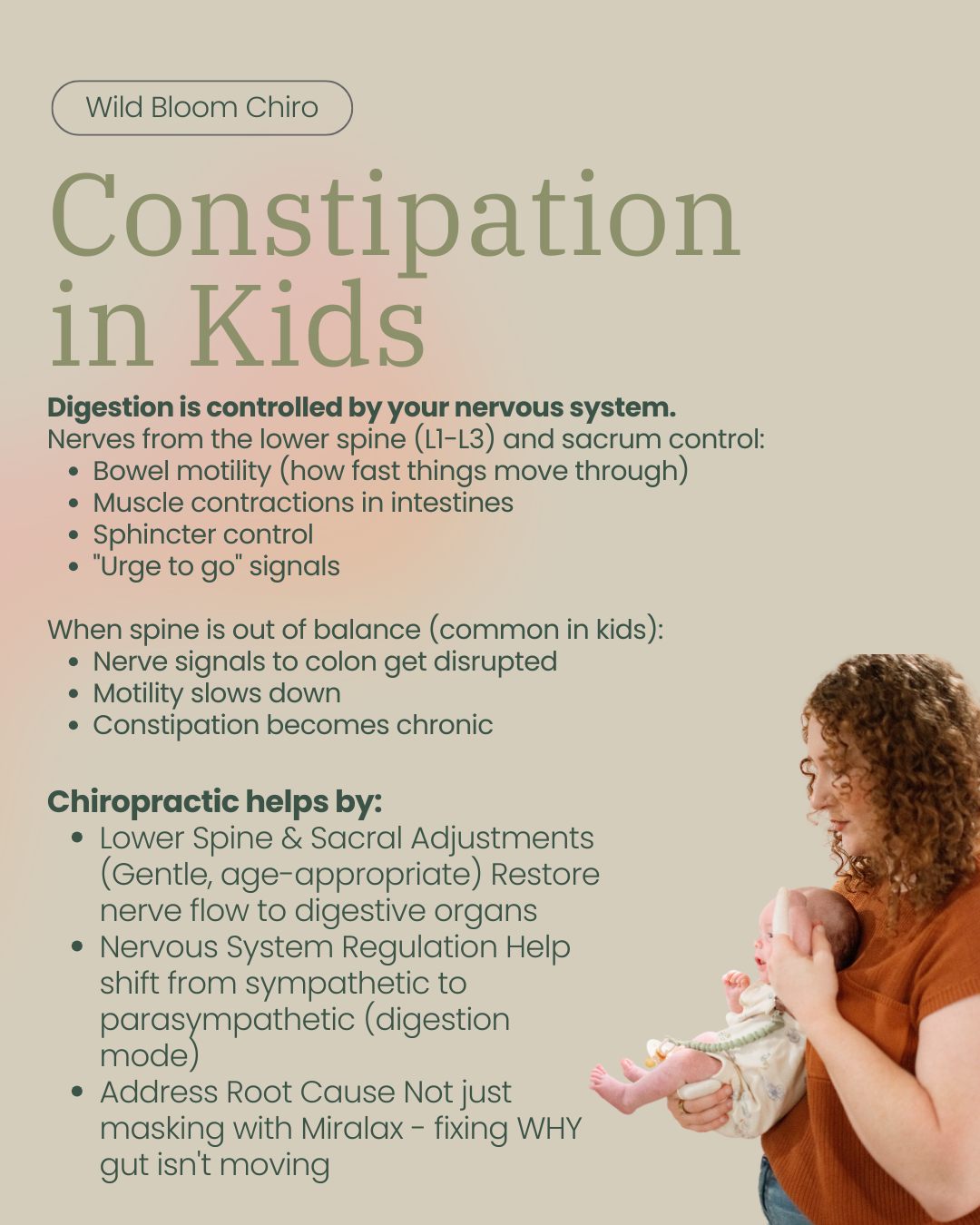 If your child struggles with chronic constipation—only going every 3–5 days, hard or painful movements, stomach aches, withholding because it hurts, or even accidents from being backed up 💩💚
And maybe you’ve tried everything: more fiber, more water, probiotics, prune juice, even Miralax (the usual go-to).
It helps temporarily… then comes right back.
There is a natural solution.
Here’s what’s actually happening:
Digestion is controlled by the nervous system. Nerves from the lower spine and sacrum regulate bowel movement, muscle contractions, sphincter control, and the “urge to go.”
When the spine is out of balance, those nerve signals can’t communicate properly. Motility slows—and constipation becomes chronic.
On top of that, digestion only works in a parasympathetic (“rest and digest”) state. Kids stuck in stress mode (school, busy schedules, activities) can’t fully digest—even with a healthy diet.
Common causes in kids:
• Birth stress (even “normal” births impact the body)
• Learning to walk (frequent falls)
• Heavy backpacks
• Growth spurts
• Sitting all day with poor posture
• Stress or anxiety
How chiropractic helps:
Gentle, age-appropriate adjustments to the lower spine and sacrum help restore proper nerve communication and support the body shifting into “rest and digest.”
We focus on the root cause—not masking symptoms, but fixing why the gut isn’t moving.
What parents tell us:
“My son was only going once a week… now he goes daily.”
“My daughter needed Miralax for a year—within weeks, she didn’t.”
Yes—support with water, fiber, movement, probiotics, magnesium.
But those only work when nerve communication is clear.
You can change diet all you want—but if the nervous system isn’t functioning well, long-term change won’t happen.
If your child’s constipation isn’t improving, it may not be a food issue—it may be a nervous system issue.
Link in bio. Let’s check their nervous system.
.
.
.
#wildbloomchiro #gallatintn #sumnercounty #kids