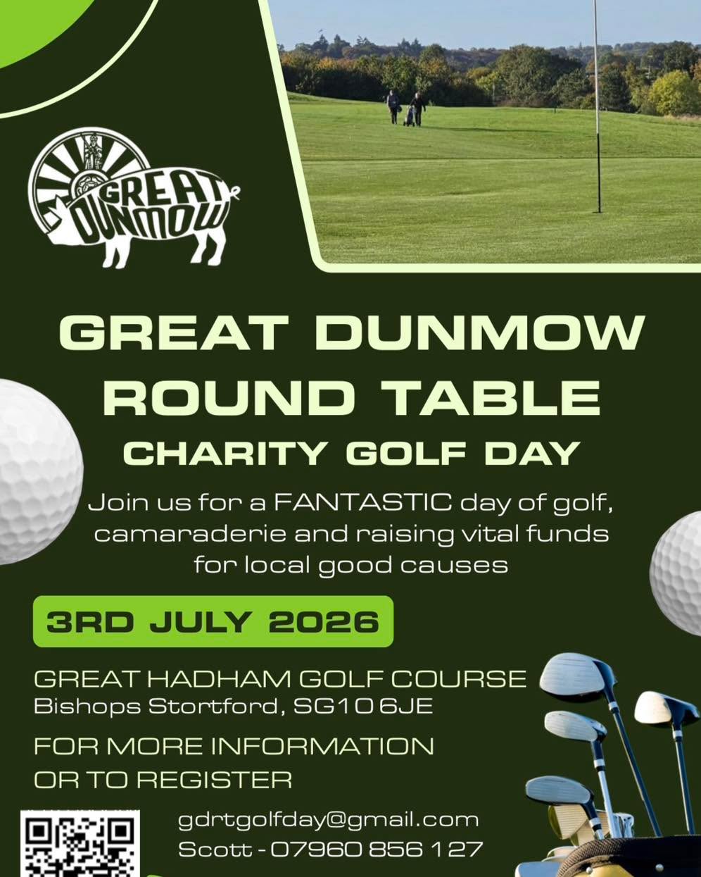 ⛳️🏌️♂️ Join us for the Great Dunmow Round Table Charity Golf Day! 🏌️♀️⛳️
Get ready for a fantastic day of golf, great company, and fundraising for local good causes at Great Hadham Golf Course on 3rd July 2026.
✨ What’s included:
• 18 holes of golf
• Shotgun start
• Full English breakfast
• Three-course dinner & awards
• Charity raffle & auction
• Amazing prizes to be won
💷 Entry:
• Team of Four – £600
• Individual – £150
• Buggies available – £50
📍 Great Hadham Golf Course, Bishops Stortford, SG10 6JE
We’re also offering exciting sponsorship opportunities including:
🏆 Nearest the Pin
🏌️ Longest Drive
🎯 Beat the Pro
🚗 Drinks Buggy Sponsorship
…and more!
📩 To register or find out more:
gdrtgolfday@gmail.com
📞 Scott – 07960 856 127
Don’t miss out — book your team today and help support vital local causes! 💚
#CharityGolfDay #GolfEvent #Fundraiser #GreatDunmow #GolfLife #CharityEvent #CorporateGolf #CommunitySupport #GolfTournament #FundraisingEvent