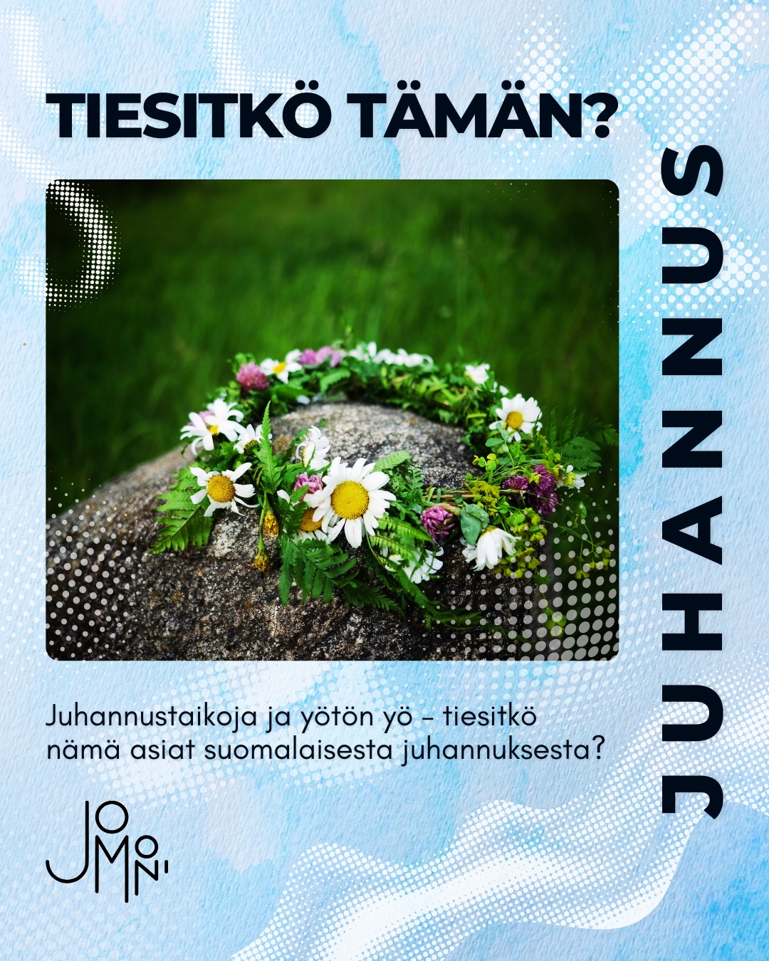 Juhannustaikoja ja yötön yö – tiesitkö nämä asiat suomalaisesta juhannuksesta? 🇫🇮
1. Juhannuksella on monta nimeä: keskikesän juhla, mittumaari, mettumaari sekä ruotsinkielinen “midsommar”. Mikä on sinun suosikkisi? 🤔
2. Juhannus on ollut virallinen liputuspäivä jo vuodesta 1955 lähtien – eli jo 121 vuotta!
3. Koivu ja pihlaja liittyvät vahvasti suomalaiseen juhannukseen – esimerkiksi koivunvihtoja käytetään saunassa ja pihlajaa ruokapöydän koristeena!
4. Juhannus on yötön yö. Juhannusta kutsutaan yöttömäksi yöksi, sillä aurinko ei laske silloin ollenkaan. ☀️ 🚫
5. Juhannustaiat: Suomalaisen kansanperinteen mukaan esimerkiksi luonnonkukilla voidaan ennustaa tuleva puoliso ja kaivoon katsomalla voi nähdä tulevan puolison kuvan.
6. Juhannuskokkojen alkuperä: Juhannuskokkoja on poltettu Suomessa vuosisatojen ajan. Tiesitkö, että alun perin kokkojen tarkoitus oli karkottaa pahoja henkiä? 👻
Kuinka monta tiesit jo etukäteen? Kommentoi alas! 👇
Lähteet:
https://www.martat.fi/teemat/kodin-juhlat/juhannus/juhannusperinteet/
#juhannus #midsommar #midsummer #jomoni #yötönyö #keskikesänjuhla