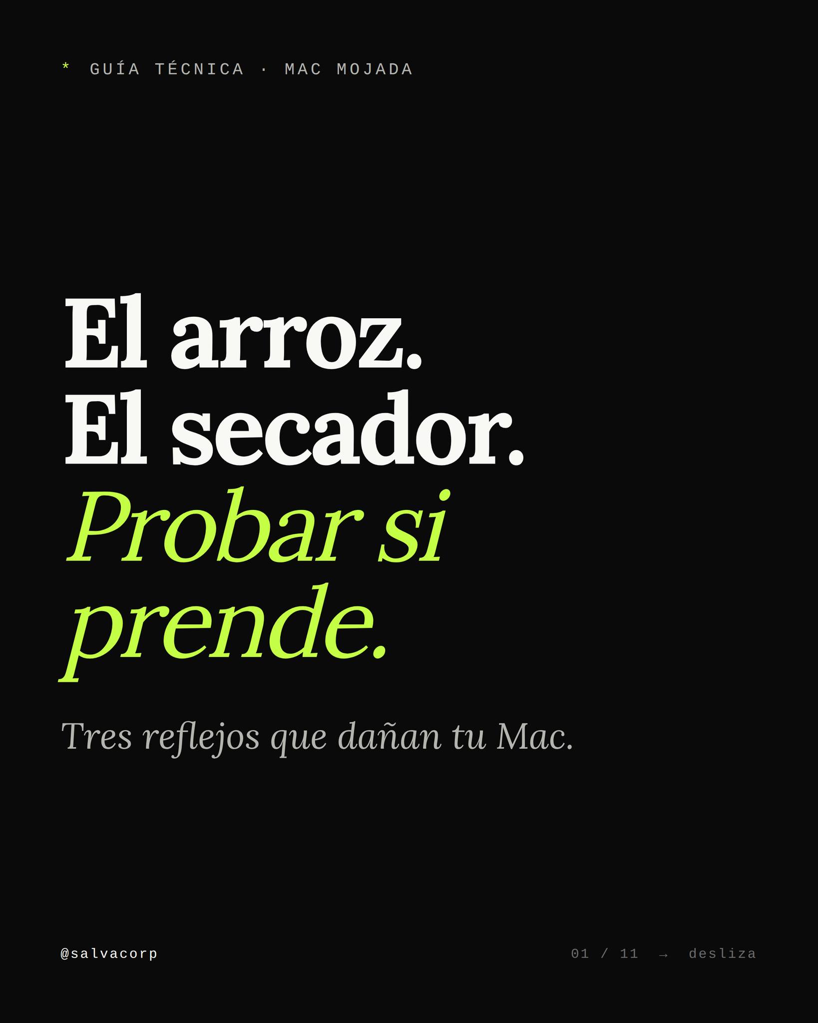 Tres cosas que hace casi todo el mundo cuando se le moja la Mac. Las tres aceleran el daño.
Después de diez años reparando Macs en Colegiales, vimos el mismo patrón: la gente actúa por reflejo en pánico — y ese
reflejo decide si el equipo se salva o no.
Spoiler técnico: el agua no es lo único que daña tu Mac. Lo que hacés en los próximos cinco minutos importa más que el
accidente.
En el carrusel:
→ los tres mitos más letales (con el porqué técnico)
→ el protocolo correcto en cuatro pasos
→ qué hacer si ya te pasó
Guardalo. Mandalo a quien tenga una Mac cerca de un mate o café ↗
—
Si ya te pasó: tenemos servicio de Secado de urgencia por líquido.
· diagnóstico prioritario · presupuesto sin compromiso.
Si tu Mac es irrecuperable, no cobramos o te devolvemos el dinero.
Ahora podés reservar tu ingreso en camino y agilizás el proceso.
→ salvacorp.com
—
¿Te pasó alguna vez? ¿Qué hiciste? Contanos.
Virrey Arredondo 3194, Colegiales
Lun a Vie · 09 a 18 hs · sin turno
WhatsApp +54 9 11 5661 2247
#MacMojada #ServiceMac #ReparaciónMac #MacBookPro
#MacBookAir #TécnicoApple #AppleArgentina #Colegiales
#BuenosAires #SalvaCorp #SalvamosTuMac