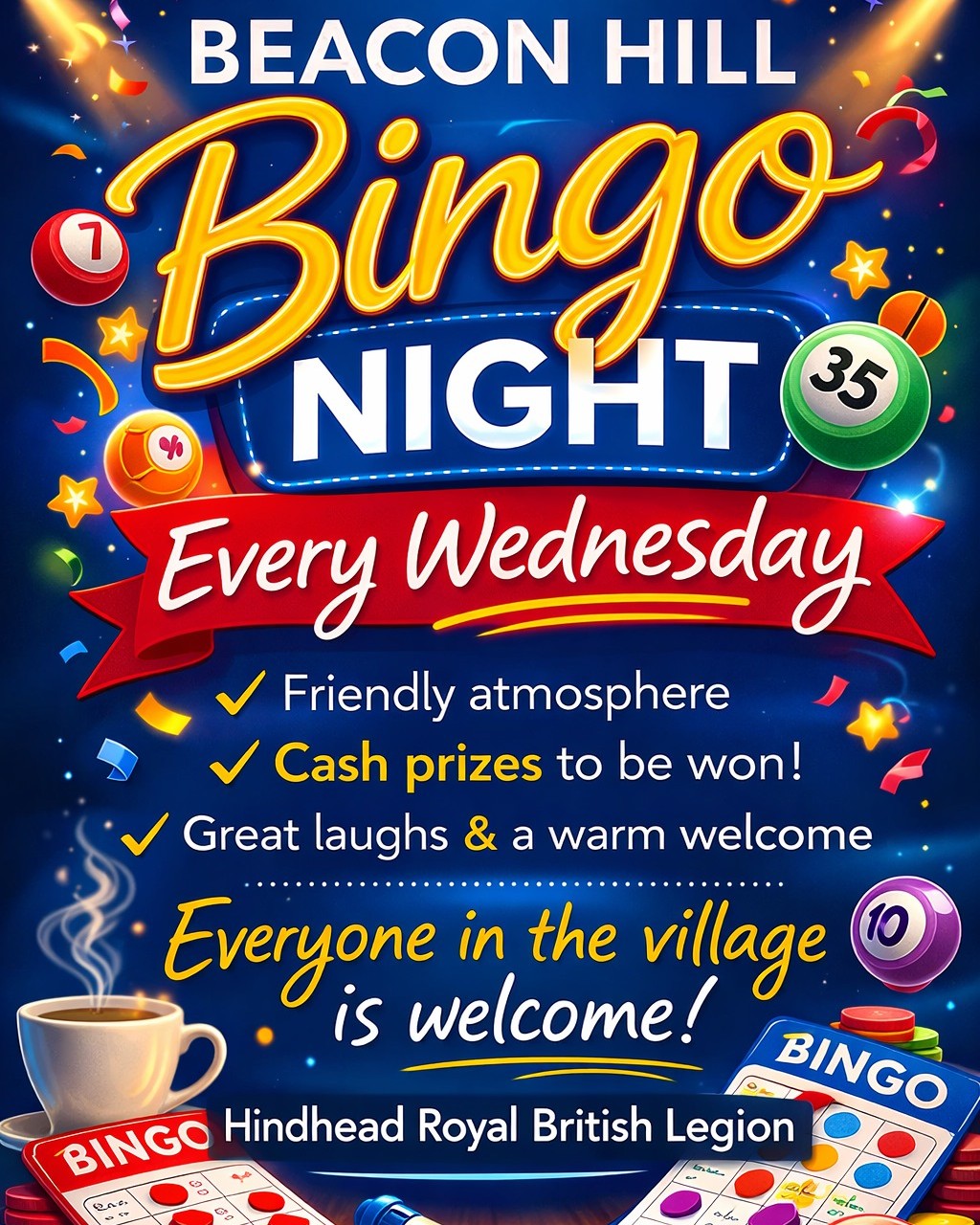 Eyes down… Bingo Night is tomorrow!
Beacon Hill Bingo is back, and there’s still time to join us.
🗓 Wednesday
⏰ From 7.30pm
📍 Hindhead Royal British Legion Club
Whether you’re a regular or a first-timer, come along for a relaxed, friendly night with plenty of laughs.
Two little ducks… quack quack!
Legs eleven!
House…!
You’ve got to be in it to win it
Eyes down at 7.30pm, see you tomorrow! Over 18's only!
#hindheadrbl #hindhead #beaconhill #bingo