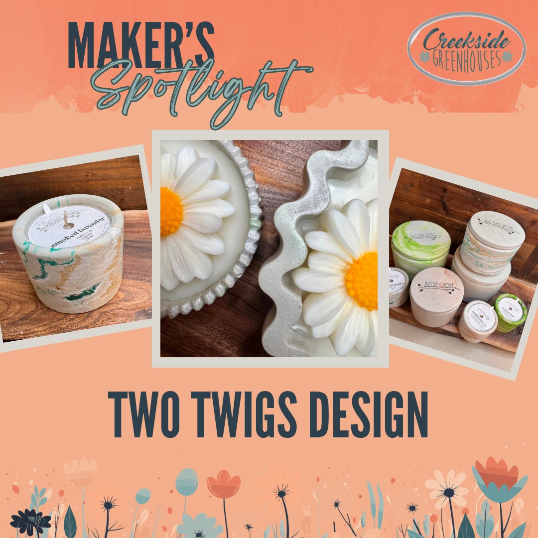 🌸Welcome Back - Two Twigs Design 🌸
At Two Twigs Design, we craft one-of-a-kind concrete vessels, each hand-poured to create a unique foundation for our luxurious candles. Our candles are made with a premium coconut-soy wax blend and infused with phthalate-free fragrance oils, ensuring a clean, long-lasting burn and an elevated sensory experience. Designed to bring artful scent and style to your space!🔥
Creekside Greenhouses for our Maker's Market on Sat May 16th 9a-2p.
#creeksidegreenhouses #creeksidemakersmarket #creeksidegreenhousesmn #creekside #flowerpower #makersgonnamake #makerspotlights