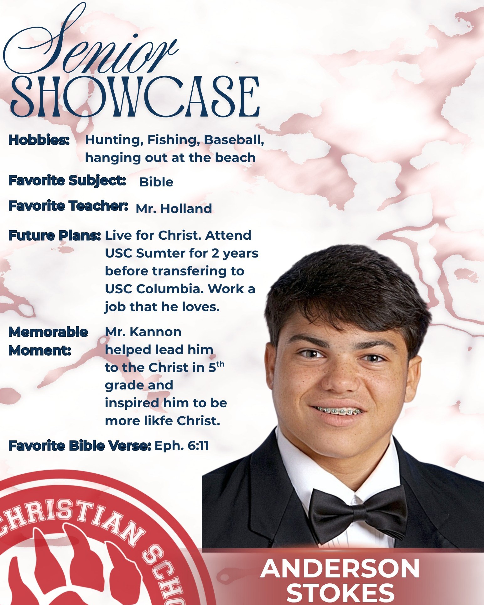 This Sumter Christian School senior showcase is focused on Anderson Stokes.
Congratulations, Anderson!