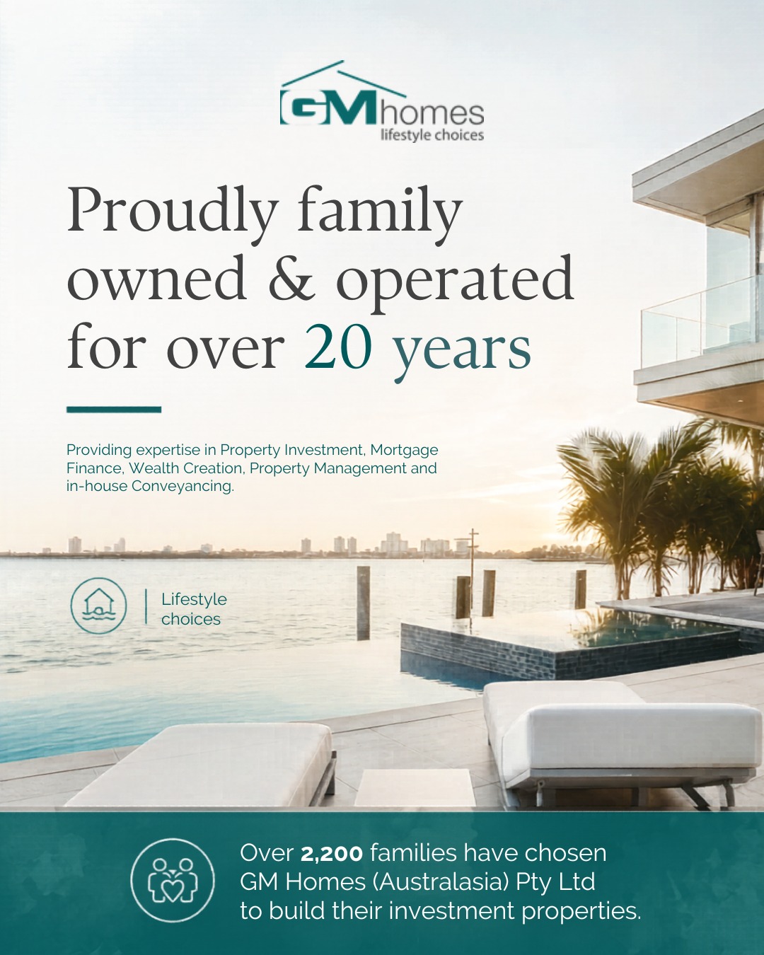 Proudly family owned and operated for over 20 years.
GM Homes (Australasia) Pty Ltd provides expertise across Property Investment, Mortgage Finance, Wealth Creation, Property Management and in-house Conveyancing.
With over 2,200 families choosing GM Homes to build their investment properties, our focus remains on providing trusted guidance, practical support and long-term lifestyle choices.
Building wealth through property starts with the right team behind you.
#gmhomes #gmhomesaustralasia #propertyinvestment #mortgagefinance #wealthcreation #propertymanagement #conveyancing #investmentproperty #australianproperty #propertyinvesting #goldcoastbusiness #lifestylechoices