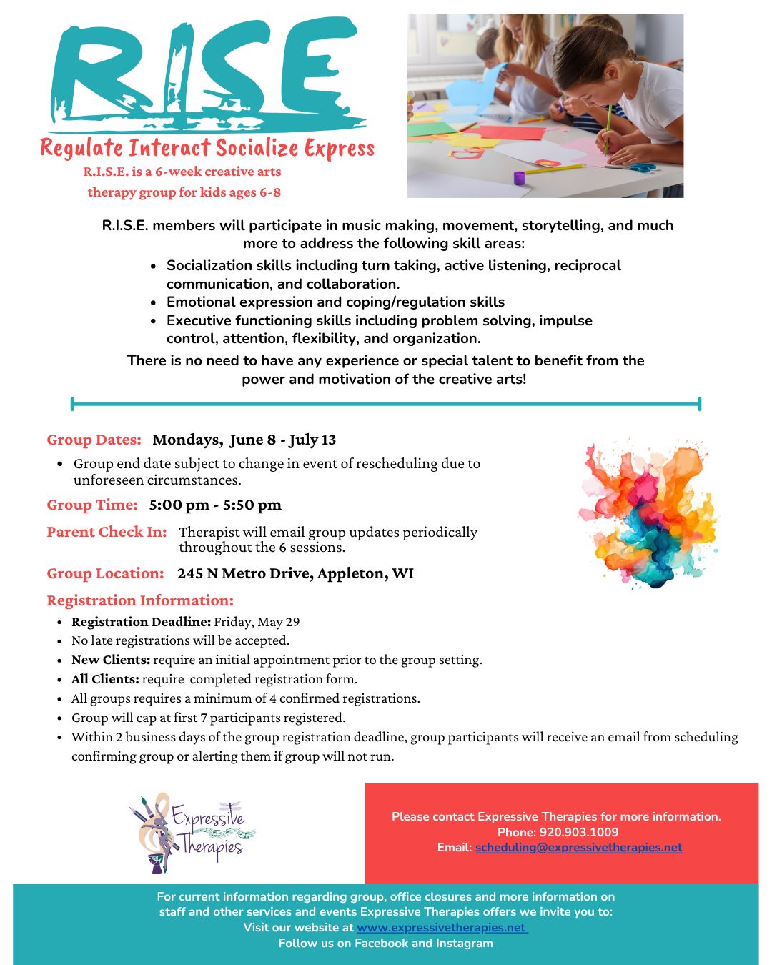 Summer Groups happening on MONDAYS beginning on June 8th! See photos for flyers with more descriptions.
RISE: Regulate, Interact, Socialize, Express
Rise is a 6-week creative arts therapy group for ages 6-8. members will participate in music making, movement, storytelling, and much mor to address social skills, emotional expression, coping/regulation skills, and executive functioning skills.
There is no need for music or art experience to benefit from the power and motivation of the creative arts!
#expressivetherapiesllc #creativeartstherapygroup #summergroups