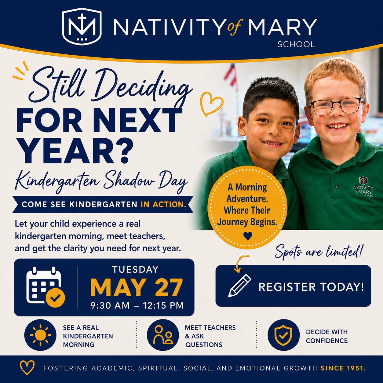 Still deciding where to send your child next year? You don’t have to guess.
Join us for Kindergarten Shadow Day—a chance for your child to experience a real kindergarten morning. Nativity’s kindergarten blends rich learning with play, with dedicated teachers who guide children to explore, create, and grow.
Come see if Nativity feels like the right fit for your family.
👉 Register your child for Kindergarten Shadow Day today—space is limited.
https://school.nativitybloomington.org/events/kindergarten-shadow-day
#NativityofMarySchool #Kindergarten #CatholicEducation #ShadowDay
