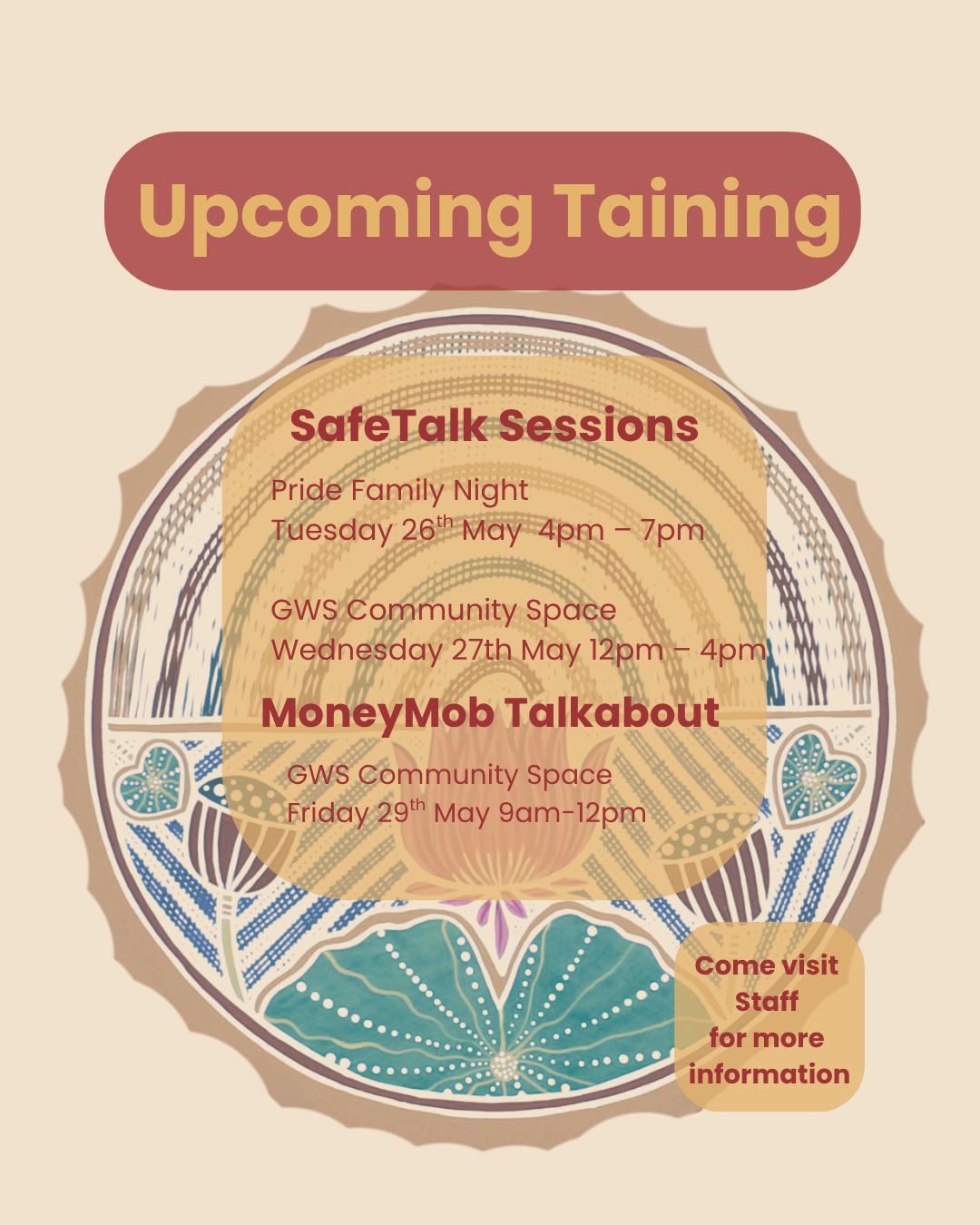📣 Upcoming Community Workshops at GWS Community Space 📣
We’re excited to welcome two important training opportunities to community this month 💜
🧠 SafeTalk Suicide Awareness Training
Learn how to recognise when someone may be thinking about suicide and how to support them to stay safe.
📍 Pride Family Night
Tuesday 26 May | 4pm–7pm
📍 GWS Community Space
Wednesday 27 May | 12pm–4pm
💰 MoneyMob Talkabout Financial Literacy Workshop
Practical sessions on budgeting, banking, saving, understanding payslips and super, gambling awareness, and financial abuse/humbugging.
📍 GWS Community Space
Friday 29 May | 9am–12pm
Everyone is welcome. Come along, learn new skills, and support stronger wellbeing in community.