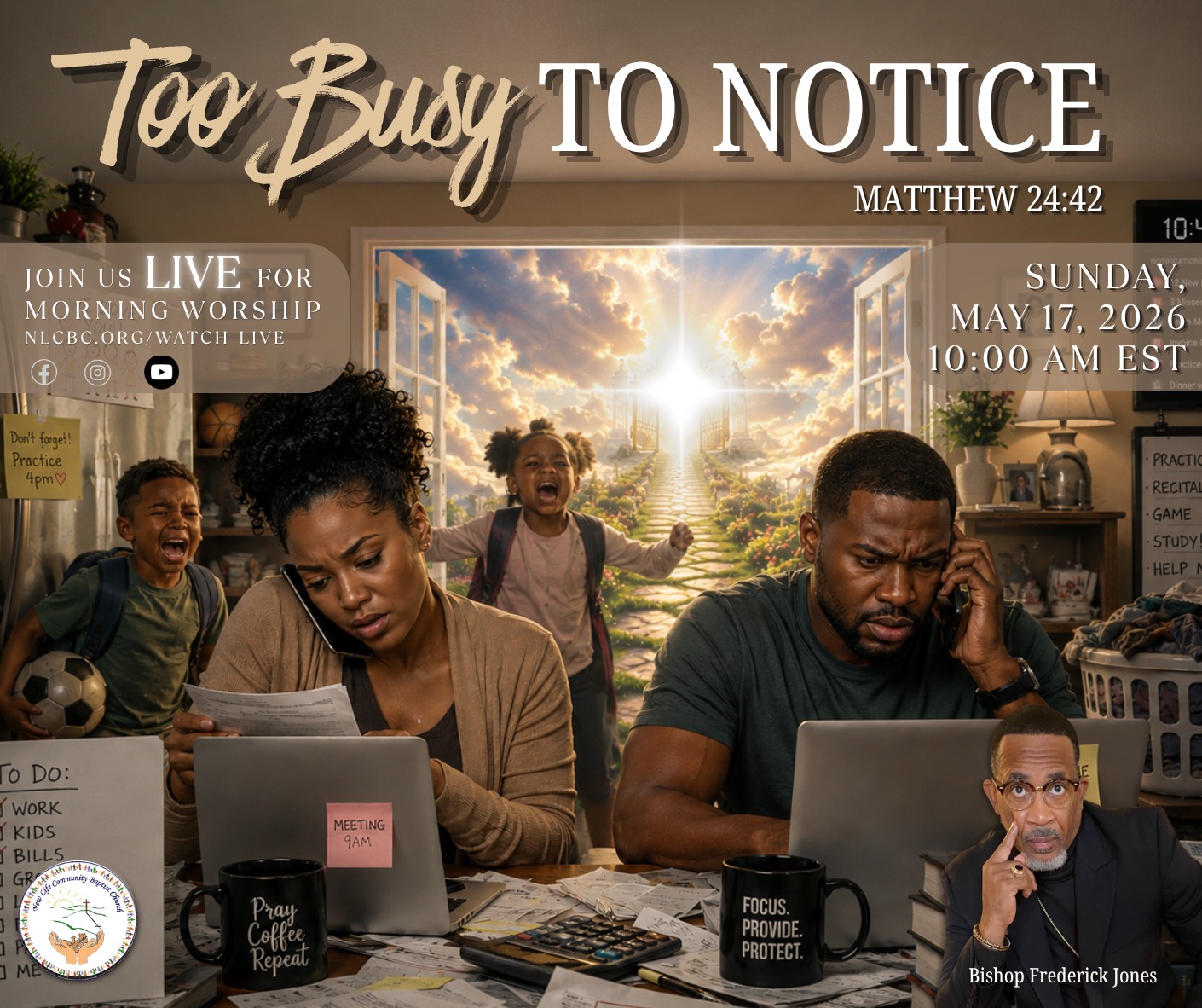 Life gets loud… schedules fill up… distractions multiply… but what if God is moving and we’re simply too busy to notice? 👀✨
Join us this Sunday for a timely word from Bishop Frederick Jones that will challenge your focus and awaken your spirit! 🙌🏽🔥
📖 Matthew 24:42
⏰ Sunday | 10:00 AM EST
📍 Watch Live: NLCBC.org/watch-live
#TooBusyToNotice #NLCBC #SundayWorship #FaithFocus #GodIsMoving #Matthew2442 #KingdomAwareness #BishopFrederickJones #ChurchOnline 🙏🏽✨