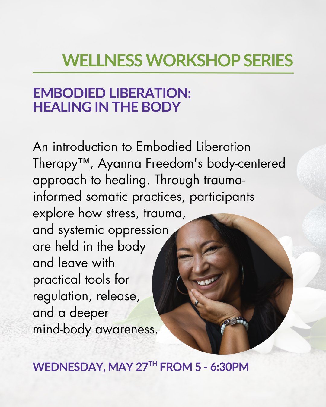 Join us for an introduction to Embodied Liberation Therapy™ with Ayanna Freedom, exploring how stress, trauma, and systemic oppression live in the body and how we can begin to release them. Whether you're one of our cherished volunteers or simply investing in your own well-being, these sessions are for you. 💜
To register, email sunny@wecancenter.org