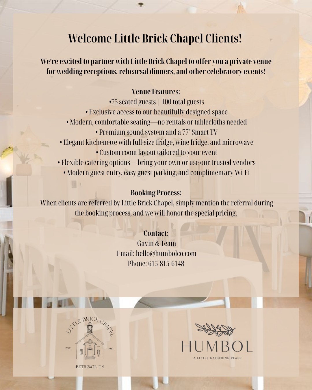 Where intimate chapel moments flow seamlessly into a beautifully designed space to celebrate after “I do.” ✨
We’re honored to partner with Little Brick Chapel to host your reception, rehearsal dinner, or special gathering at Humbol.
Mention the Little Brick Chapel referral when booking to receive exclusive pricing.
📩 hello@humbolco.com
📞 615-815-6148