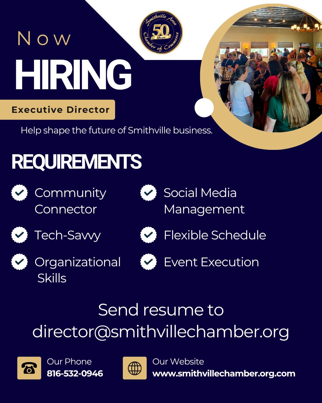 WE ARE HIRING! 📢
The Smithville Area Chamber of Commerce is looking for our next Executive Director. Are you a tech-savvy community leader who loves event planning and public relations? This is your chance to lead the voice of Smithville business!
Smithville, MO
Tech-savvy skills required (Canva, Wix, Social Media)
Relationship-driven role
Send your resume to director@smithvillechamber.org!
#WorkInSmithville #ChamberOfCommerce #HiringNow #SmithvilleCommunity #BusinessLeader #SmithvilleMoChamber