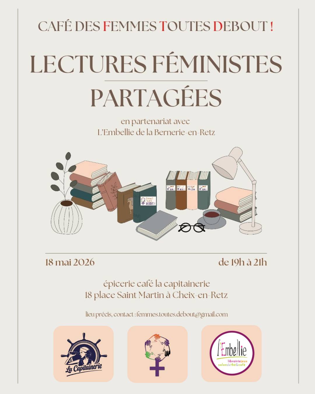 18/05 : L'association @femmes_toutes_debout organise en partenariat avec la @librairie.embellie un café des femmes à partir de lectures féministes. Rendez-vous à l'épicerie-café @la_capitainerie_cheix pour un moment d'échange et de partage de 19H à 21H !
📍 La Capitainerie : 18 Place Saint Martin à Cheix en Retz
#animation #librairieindependante #femmestoutesdebout #cafedesfemmes