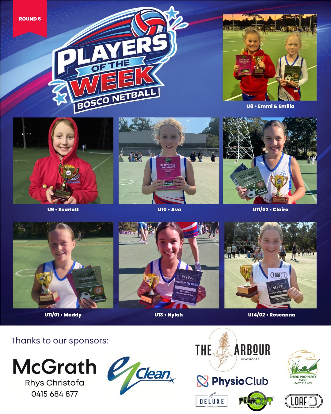 🌟 PLAYER OF THE WEEK – ROUND 6 🌟
A big congratulations to our Round 6 Players of the Week! 💙🏐
Thank you for your effort, teamwork, encouragement and positive attitude out on court this weekend 👏✨ Keep up the awesome work, Boscos! 💫 #BoscoNetball