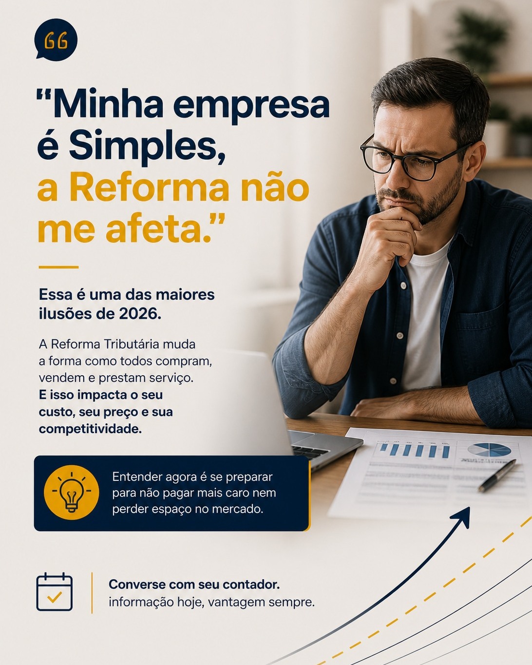 Essa é uma das frases que mais ouvimos no escritório nos últimos meses. E a primeira metade dela está certa: empresas do Simples Nacional, incluindo MEI, estão dispensadas de destacar IBS e CBS nas notas em 2026.
A segunda metade é onde mora o problema.
A partir de 2027, o destaque passa a ser obrigatório também para o Simples. E a forma como sua empresa apura imposto, emite nota e cruza informações vai mudar, mesmo que você continue no regime.
Mais do que isso: a Reforma muda a lógica de não-cumulatividade, o aproveitamento de crédito tributário e a competitividade entre empresas dentro e fora do Simples. Para alguns negócios, vai compensar mudar de regime. Para outros, ficar onde está.
Essa decisão não se toma em dezembro de 2026. Se toma agora, com simulação dos seus números reais.
Na Pauleski, fazemos esse estudo com cada cliente que pode ser impactado. Se você quer entender o seu cenário antes da virada, fale com nossa equipe.
☎️ (51) 3094-0477
📍Porto Alegre: R. Dr. Mário Totta, 663 - Loja 04 - Tristeza.
📍 Garopaba: R .Viúva Maria Antônia dos Santos, 976 Loja 5 - Centro
TC/RS 71.658