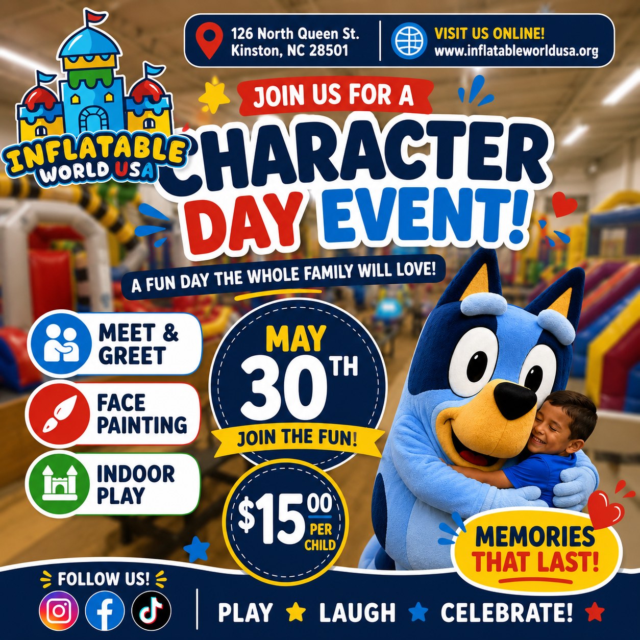 Get ready for hugs, laughter, and unforgettable memories.
A very special blue pup is coming to Inflatable World on Saturday, May 30, from 10:00 AM to 6:30 PM. Each 90-minute fun session includes a magical meet and greet, face painting, and unlimited indoor play for just $15 per child.
Tickets are limited for each session and are expected to sell out quickly. The ticket link is pinned in the comments section.
We cannot wait to help your family create memories that will last a lifetime.