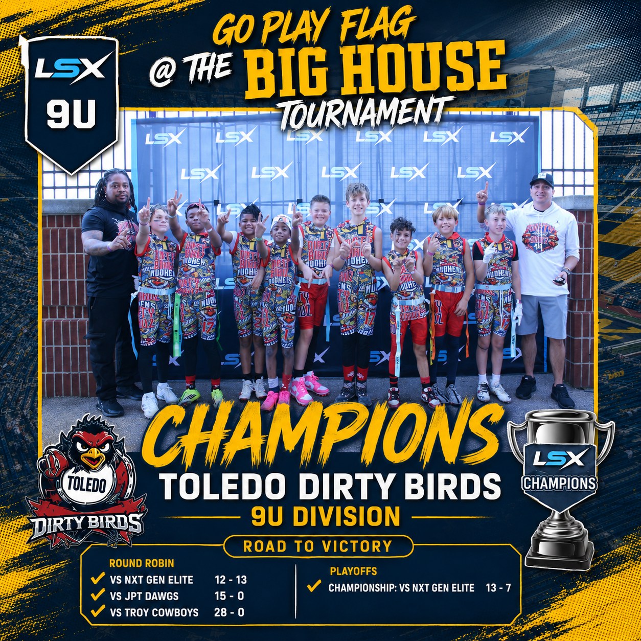 🏆 9U CHAMPIONS: TOLEDO DIRTY BIRDS 🏆
The Toledo Dirty Birds had to earn this one.
After opening the day with a tough 13-12 loss to NxtGen Elite, the Dirty Birds responded like champions.
Their defense locked in.
Their energy changed.
Their championship run began.
Round Robin Results:
❌ Dirty Birds 12, NXT GEN Elite 13
✅ Dirty Birds 15, JPT Dawgs 0
✅ Dirty Birds 28, Troy Cowboys 0
Then came the rematch.
With the 9U title on the line, Toledo faced NxtGen Elite again — the same team that beat them by one point earlier in the day.
This time, the Dirty Birds flipped the script.
🔥 Championship Game: Toledo Dirty Birds 13, NXT GEN Elite 7
Backs against the wall. Everything on the line. Redemption secured.
Congratulations to the Toledo Dirty Birds, your Go Play Flag @ The Big House 9U Champions and first-time LSX title winners!
#GoPlayFlag #LSX #LeaveYourMark #TheBigHouse #MichiganStadium #YouthFlagFootball #FlagFootball #9UChampions #ToledoDirtyBirds #ChampionshipSunday #GoPlayFlagAtTheBigHouse
