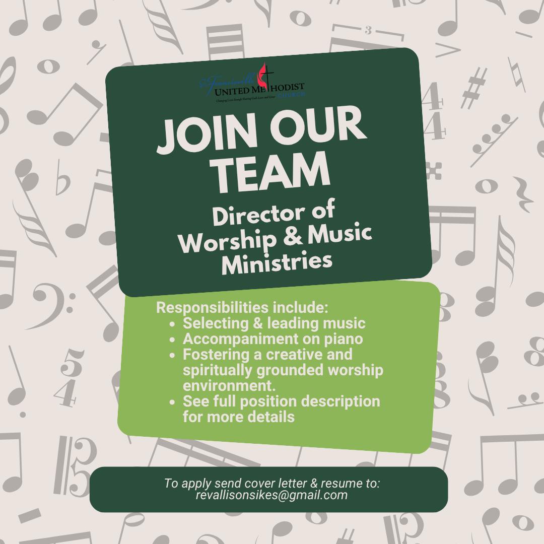 With gratitude for all that has been and with excitement for all that will be, we are continuing our search for a new member of our ministry team. The Director of Worship & Music Ministries will provide spiritual and musical leadership for the congregation by planning and leading worship services in collaboration with the pastor and worship team. Responsibilities include selecting and leading music, accompaniment on piano, coordinating volunteer musicians, and fostering a creative and spiritually grounded worship environment to support the growth of the church’s music and worship ministries. See full position here: https://www.stfrumc.org/about#:~:text=Director%20of%20Music%20%26%20Worship%20Position%C2%A0