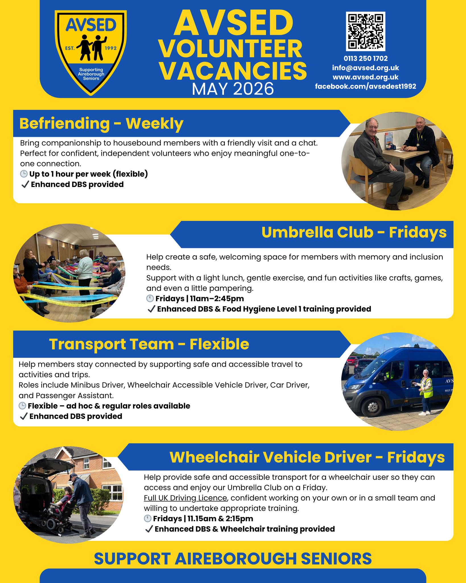 ๐จ THIS MONTHโS AVSED VOLUNTEER VACANCIES ARE HERE! ๐จ
Looking for something rewarding, uplifting and genuinely life-changing? This could be your signโฆ ๐๐
At AVSED weโre on the lookout for new volunteers to join our incredible community team supporting older people across Aireborough. From sharing a chat over a cuppa โ to helping members get out and about ๐, every role helps someone feel connected, valued and supported.
โจ CURRENT MAY 2026 VACANCIES โจ
๐ค Weekly Befriending Volunteers
โ๏ธ Umbrella Club Support Volunteers
๐ Flexible Transport Team Volunteers
โฟ Wheelchair Accessible Vehicle Drivers
Whether you can spare one hour a week or want to get more involved, volunteering with AVSED is a brilliant way to meet people, build confidence, learn new skills and make a real difference in your local community.
โ Full support and training provided
โ DBS included for relevant roles
โ Friendly, welcoming team
โ Plenty of smiles guaranteed!
If youโve ever thought โIโd love to do something meaningfulโ โ this is your moment.
๐ Call us on 0113 250 1702
๐ง info@avsed.org.uk
Be part of something special in Aireborough ๐