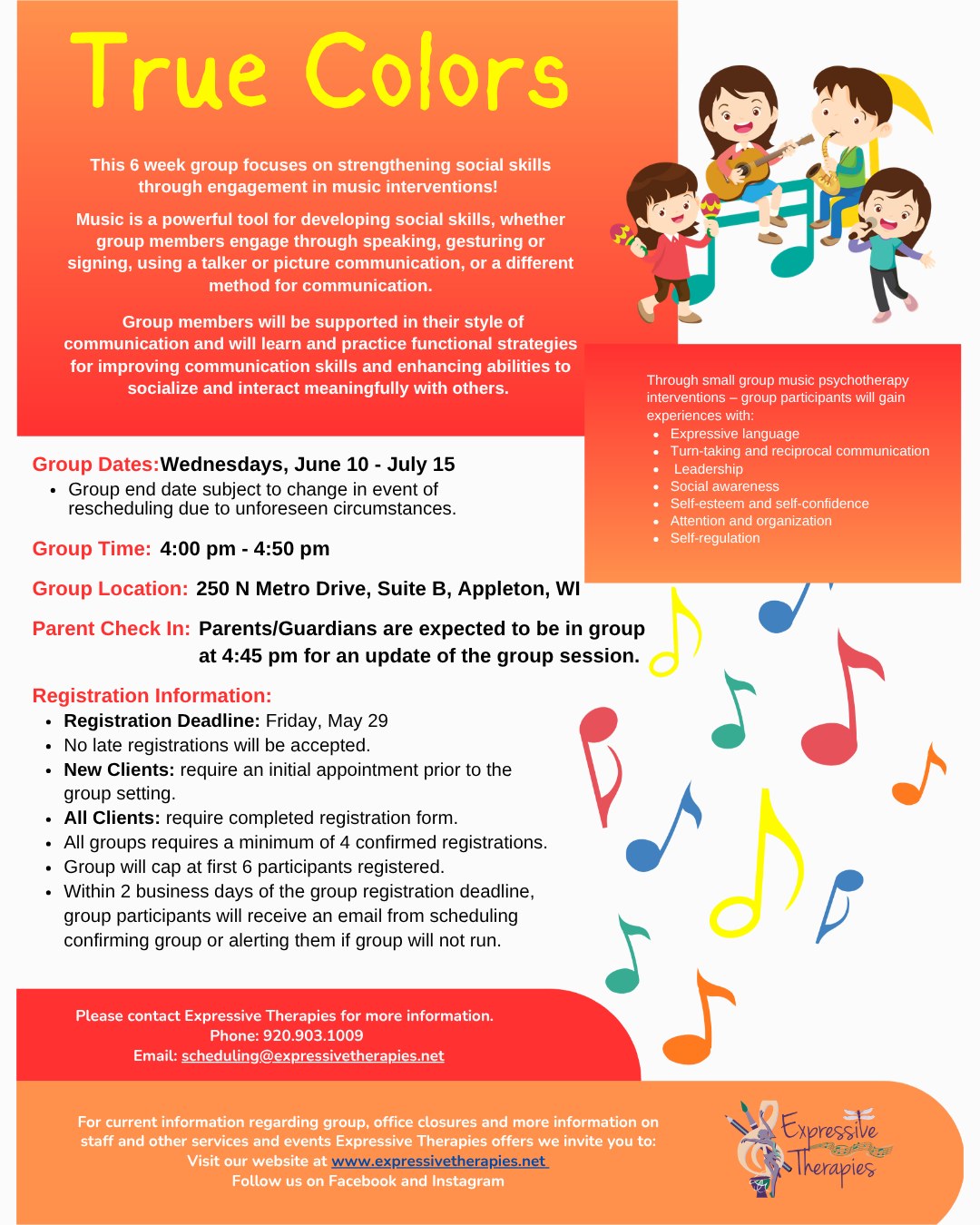 Summer Groups happening on WEDNESDAYS beginning on June 10th! See photos for flyers with more descriptions.
True Colors:
True Colors is a 6-week music therapy group for ages 6-8. Members will be supported in their style of communication and will learn and practice functional strategies for improving communication skills and enhancing abilities to socialize and interact meaningfully with others. Participants will gain experiences with expressive language, turn-taking and reciprocal communication, leadership, social awareness, self-esteem and confidence, attention, organization, and self-regulation.
Songwriting Studio:
Songwriting Studio is a 6-week music therapy group for ages 11-16. In this group, members will collaboratively write and record songs with instruction provided to encourage improved self-expression and self-esteem, emotional insight, and social skills. No previous music making experience is required for this group and all materials will be provided for music making and recording.
#expressivetherapiesllc #creativeartstherapygroup #summergroups