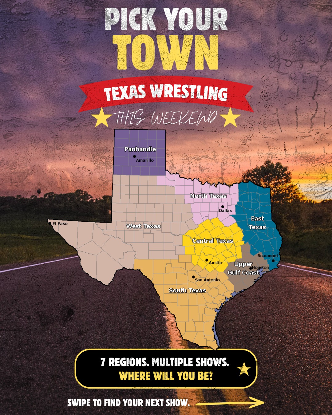 Texas wrestling is bigger than one city.
This weekend’s route takes us through North Texas, the Upper Gulf Coast, and South Texas. A few other regions are a bit more quiet.
Support local wrestling when it comes near you. Discover a new promotion when it doesn’t. Travel when you can. There's so much Texas to see.
And if we missed your event:
Comment with the flyer, city, and promotion so more fans can find you. 🤝
More towns. More fights. More Texas.
#TexasWestling #IndependentWrestling #SupportLocalWrestling