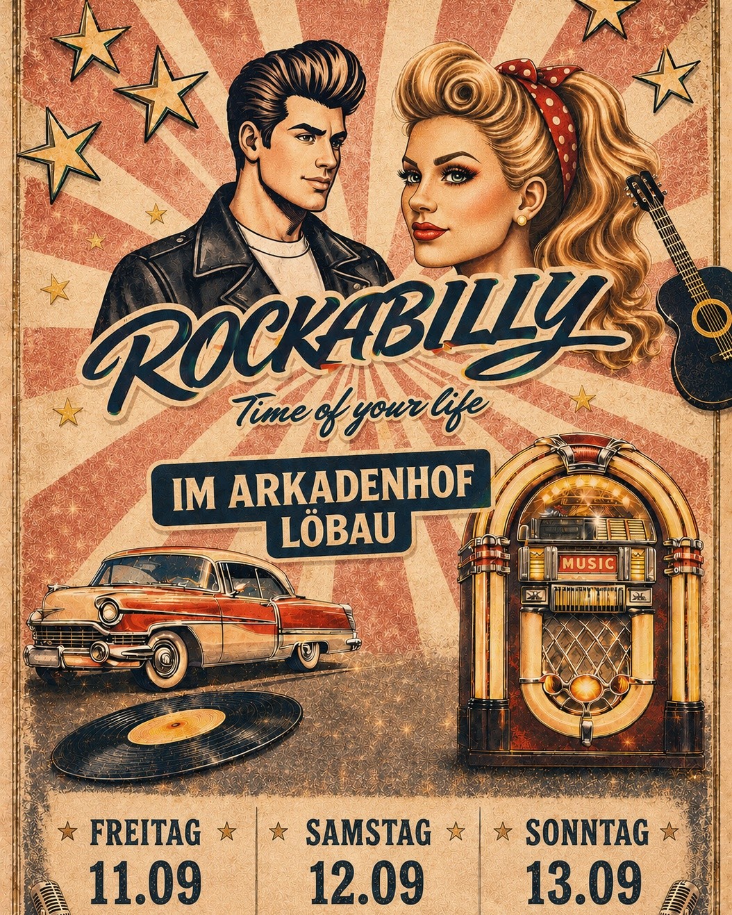 🌟 ROCKABILLY – Time of your life 🌟
Drei Tage voller Pomade, Petticoats, Chrom, Gitarrenriffs und verdammt guter Laune! Der Arkadenhof Löbau verwandelt sich in eine Zeitmaschine direkt zurück in die wilden 50er – dahin, wo Jukeboxen glühen, Tanzschuhe Funken schlagen und jede Nacht nach Freiheit klingt.
Zwischen Vintage-Vibes, heißen Rhythmen und flirrendem Sommerabend erwartet euch ein Hoffest wie aus einem alten Roadmovie: Rock’n’Roll unter Lichterketten, kühle Drinks, glänzende Oldtimer, echte Hinterhofromantik und Musik, die euch garantiert nicht stillstehen lässt. Ob ihr geschniegelt im Rockabilly-Style auftaucht oder einfach nur Lust auf ein Wochenende voller Leben habt – hier wird getanzt, gelacht, gefeiert und die Zeit vergessen.
Der Arkadenhof wird zur Bühne für Begegnungen, Musik und dieses besondere Gefühl, gemeinsam etwas Echtes zu erleben. Ein bisschen rebellisch, ein bisschen nostalgisch und vor allem: voller Herz. ❤️
Also schnappt euch eure Lieblingsmenschen, werft die Hüften in Schwung und erlebt drei Nächte, die nach Benzin, Sommer und Rock’n’Roll schmecken.
🎸 Rockabilly – Time of your life.
Nicht einfach nur ein Fest.
Ein verdammtes Lebensgefühl.
PROGRAMM FOLGT GANZ BALD!