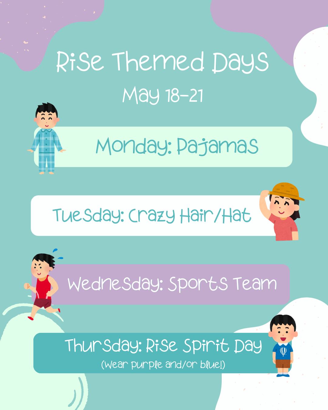 🎉 Rise is turning FOUR! 🎉
We can hardly believe it’s been 4 years of celebrating every milestone with our amazing families and team! We are so excited for a week full of birthday fun, themed outfits, and celebrating 4 amazing years of Rise! 🥳💜
✨ Dress Up Days ✨
💤 Monday: Pajama Day
🧢 Tuesday: Crazy Hair/Hat Day
🏈 Wednesday: Sports Day
💜 Thursday: Rise Spirit Day (wear purple or blue!)
#