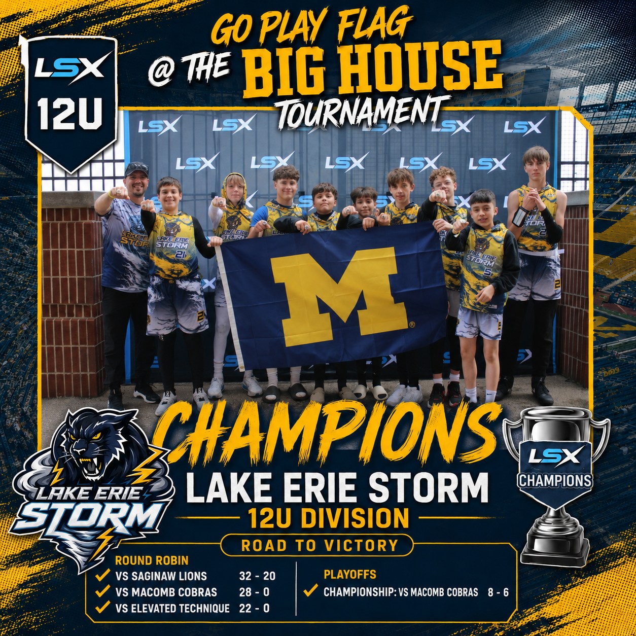 🏆 12U CHAMPIONS: LAKE ERIE STORM 🏆
The Lake Erie Storm went a perfect 4-0 at Go Play Flag @ The Big House to capture the 12U Division Championship.
Round Robin Results:
✅ Lake Erie Storm 32, Saginaw Lions 20
✅ Lake Erie Storm 28, Macomb Cobras 0
✅ Lake Erie Storm 22, Elevated Technique 0
Then came the championship game — and it had everything.
A tough rematch.
A gritty Macomb Cobras squad.
A one-hour rain delay.
And a defense that refused to break.
With the game on the line, Storm came up with huge fourth-down stops and sealed an 8-6 championship win.
Defense wins championships — and Lake Erie Storm proved it at The Big House.
Congratulations to the Lake Erie Storm, your Go Play Flag @ The Big House 12U Champions!
#GoPlayFlag #LSX #LeaveYourMark #TheBigHouse #MichiganStadium #YouthFlagFootball #FlagFootball #12UChampions #LakeErieStorm #ChampionshipSunday #DefenseWinsChampionships
