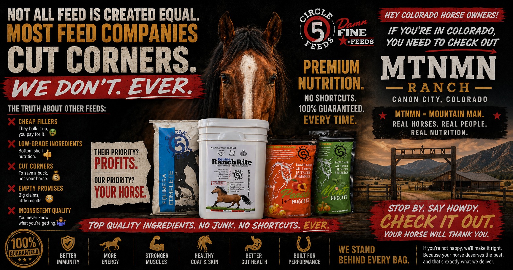 Welcome to the Damn Fine Feed team, MTNMN RANCH! 🔥🐴
We’re proud to partner with MTNMN Ranch in Canon City, Colorado — good people, great horses, and real ranch values. If you’re in Colorado, stop by and check them out!
Damn Fine Feed for Damn Fine Horses. 💪
#MTNMN #Circle5Feeds #DamnFineFeed #CanonCityColorado #HorseNutrition #RanchLife
