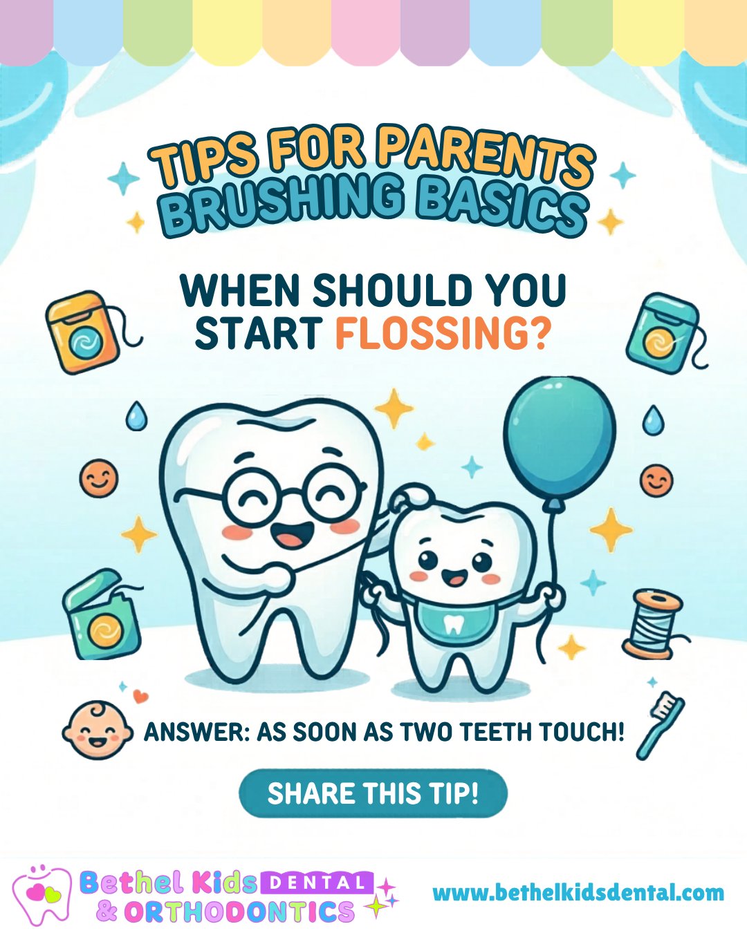 Raise your hand if you didn't know THIS! 🙋
Most parents wait too long to start flossing — but the truth is, once two teeth are touching, it's time to get that floss going! 🧵✨
The earlier the habit, the healthier the smile. 😁
👉 Save this post and share it with a parent who needs the reminder!
📅 Book your child's appointment today!
👉 www.bethelkidsdental.com/copy-of-main-appointments-rw
📍 Find us at any of our three locations:
Lodi
531 W. Kettleman Lane, Lodi, CA 95240
📞 (209) 400-2018 | ✉️ bkdlodi@bethelkidsdental.com
Manteca
1660 W. Yosemite Ave. Ste. 1, Manteca, CA 95337
📞 (209) 500-1910 | ✉️ bkdmanteca@bethelkidsdental.com
Sacramento
3633 Bradshaw Rd. Ste. A, Sacramento, CA 95827
📞 (916) 810-2025 | ✉️ bkdsacramento@bethelkidsdental.com
🌐 www.bethelkidsdental.com
#ParentingHacks #KidsDentist #FlossingFacts #BrushingBasics #ChildDentalHealth #BethelKidsDental #HealthyKids #SmileMore