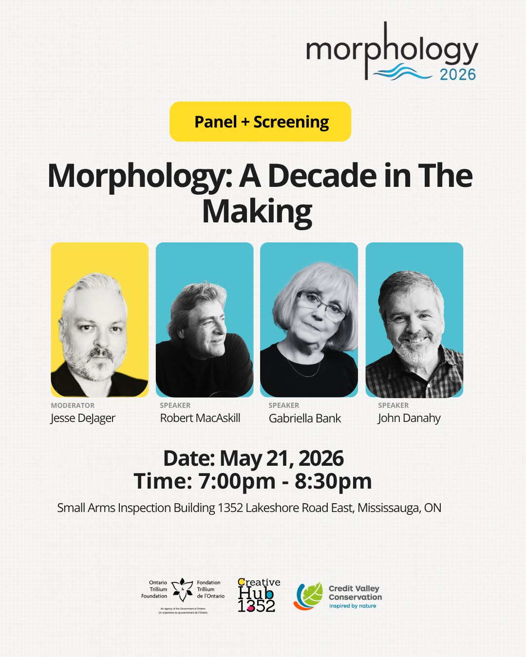 To celebrate the third public exhibition of the Morphology project, join us for an intimate look behind the project.
Two days before the gallery opens, we're hosting a panel with three artists and community members behind the project, Robert MacAskill, Gabriella Bank, and John Danahy, in conversation with moderator Jesse DeJager from Credit Valley Conservation. Expect an open discussion about process, collaboration, and the community that formed around this site over a decade.
The evening closes with a screening of Robert MacAskill's new short film.
Accepting Pay What You Can for the panel attendance at the door. Your contribution supports CreativeHub 1352’s Arts and Culture programming. Panel programming supported by The Ontario Trillium Foundation.
Let us know you're coming → Link in bio!
Date and Time: Thursday, May 21st, 7:00pm-8:30pm
Location: 1352 Lakeshore Rd E, Mississauga -Small Arms Inspection Building
-
This program has been generously supported by the Ontario Trillium Foundation.
-
#creativehub1352 #communityhub #mississauga #lakeview #culture #portcredit #sauga #saugaculture #artontario #toronto #community #artist #art #artsnonprofit #nonprofit #smallarmsinspectionbuilding #saib #mississaugaart #lakeviewONT #photography #morphology #local #artistscreening #filmscreening
