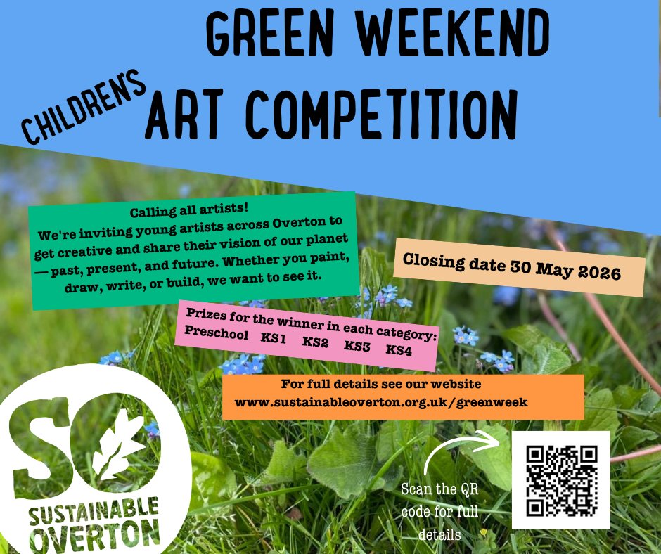 Just one week until our Art Competition entry closes!
You can bring your entry to Testbourne Community School, Overton Primary School, The Village Refillery or email a photo or digital file to hello@sustainableoverton.org
Find out all the details on our website www.sustainableoverton.org.uk/greenweek
We can't wait to see your brilliant designs!
#GreenWeekOverton
