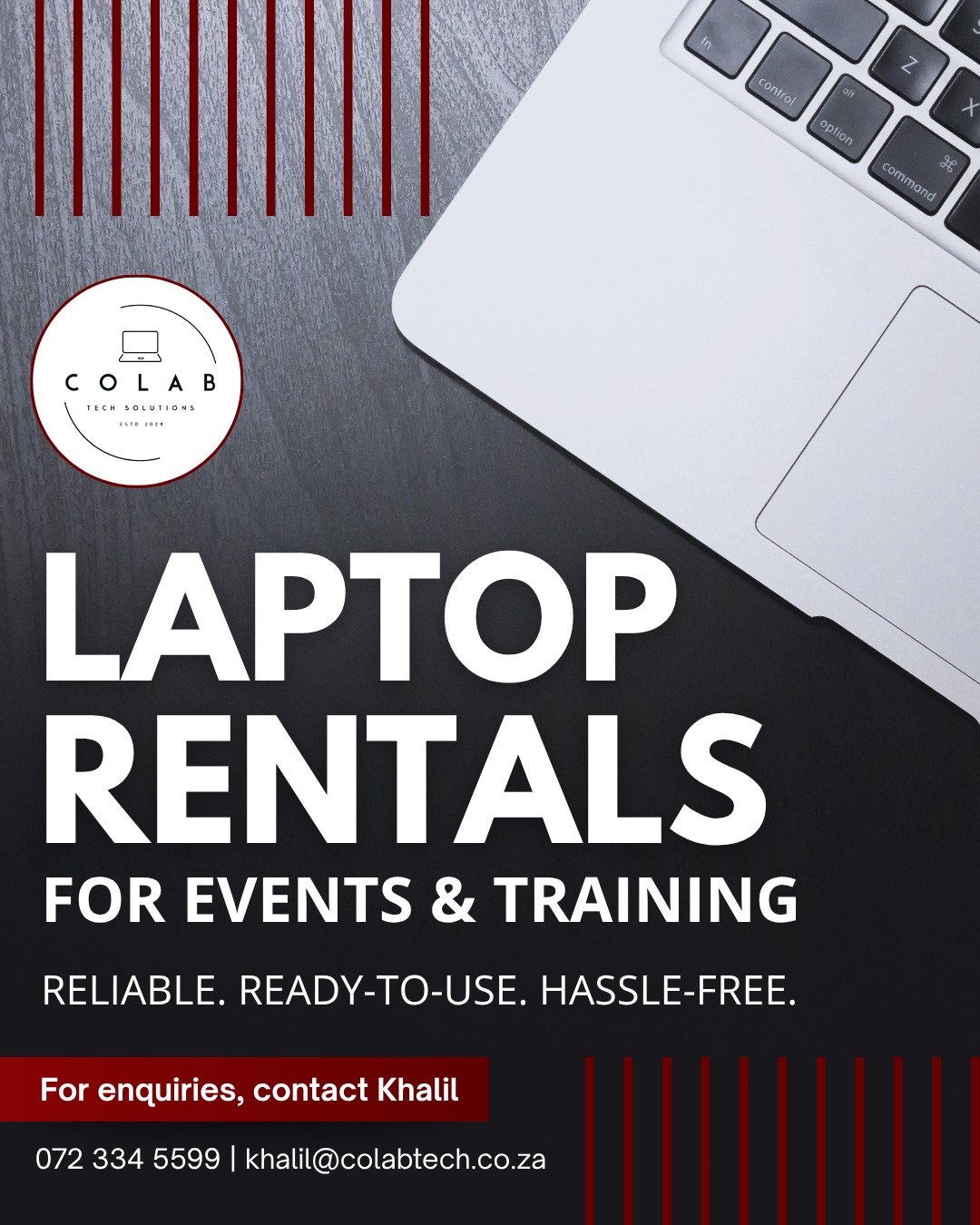 Take your events and training sessions to the next level with the right tech 💻
Through our partner, Colab Tech Solutions, we offer reliable, ready-to-use laptop rentals designed to keep your sessions running smoothly.
No setup stress. No last-minute hassles. Just fully prepared, event-ready devices when you need them.
Perfect for training sessions, workshops, and corporate events.
📩 For enquiries, contact Khalil:
📞 072 334 5599
📧 khalil@colabtech.co.za
#ColabTrainingSolutions #ColabTechSolutions #LaptopRentals #EventTech #TrainingSolutions #CapeTown