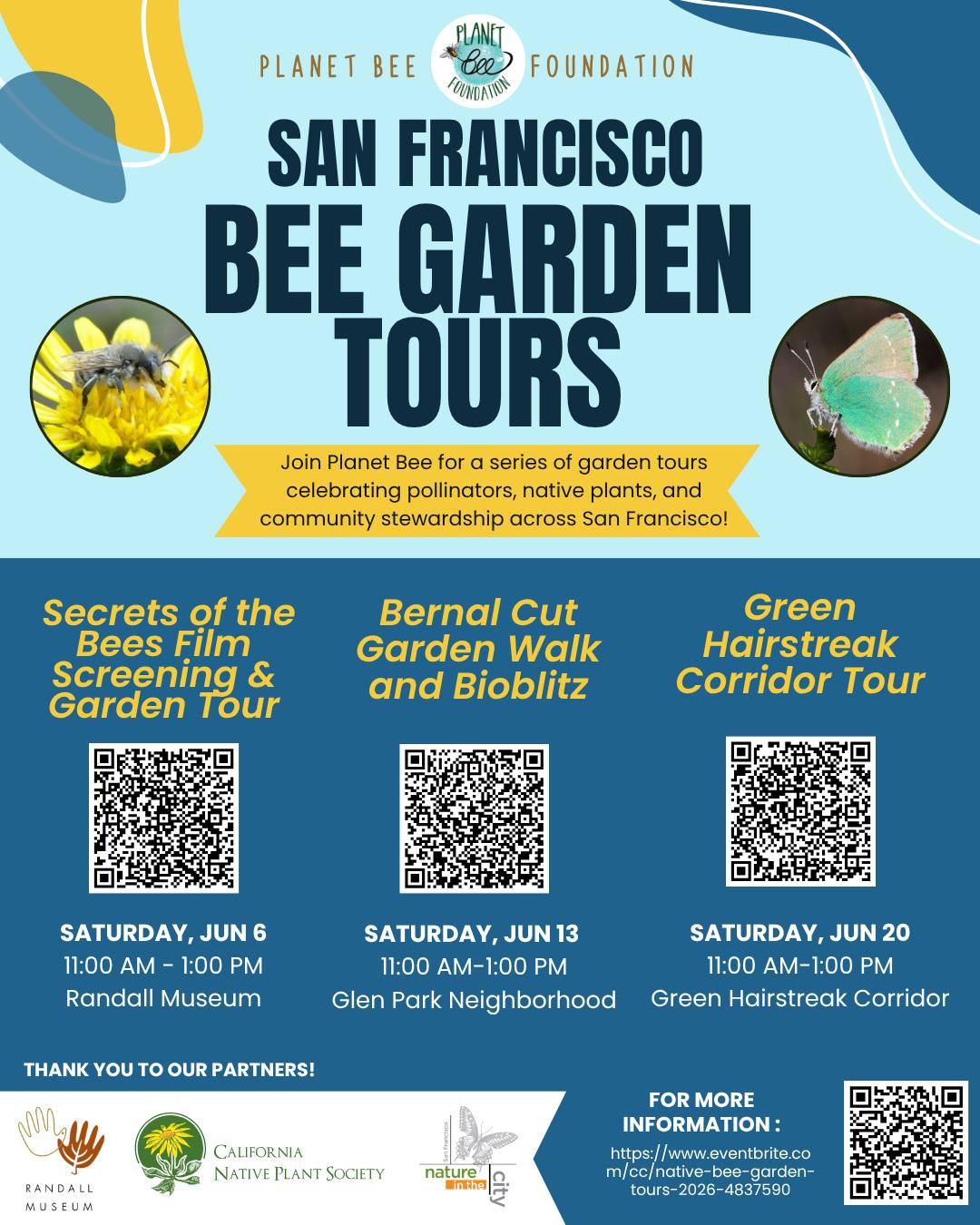 Attention SF — this June, we're taking it outside! 🐝🌸 We are excited to announce our Native Bee Garden Tour Series: three free Saturday events across the city where you can explore pollinator gardens, meet native bees, and connect with your community. All ages welcome, and yes, it's completely free!
🌿 June 6 at Randall Museum: Kick things off with a free screening of @natgeo Secrets of the Bees, followed by a garden tour with our friends at @randallmuseum and @californianativeplantsociety. Bee Bingo cards will be distributed, so collect stamps at each event for a chance to win prizes!
🌿 June 13 at Bernal Cut: Join us for a garden walk through one of SF's hidden pollinator gems, plus a community science Bioblitz where you can document real bee sightings using @iNaturalistorg. Citizen science never looked this good.
🌿 June 20 at Green Hairstreak Corridor: We wrap up the series with a tour through this gorgeous native habitat corridor, in partnership with @natureinthecity. The perfect way to end three weeks of all things bee!
RSVP and save your spot today at the link in our bio!
#NativeBees #SanFrancisco #BeeGardenTour #FreeEvents #FamilyFriendly