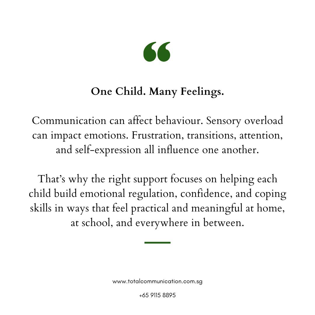 One Child. Many Feelings.
Communication can affect behavior. Sensory overload can impact emotions. Frustration, transitions, attention, and self-expression all influence one another.
That’s why the right support focuses on helping each child build emotional regulation, confidence, and coping skills in ways that feel practical and meaningful at home, at school, and everywhere in between.
Reach out to learn how the right support can help your child thrive.
📞 +65 9115 8895
🌐 www.totalcommunication.com.sg
📧 enquiries@totalcommunication.com.sg
#EmotionalRegulation #ChildDevelopment #SpeechTherapy #DevelopmentalTherapy #ParentingSupport