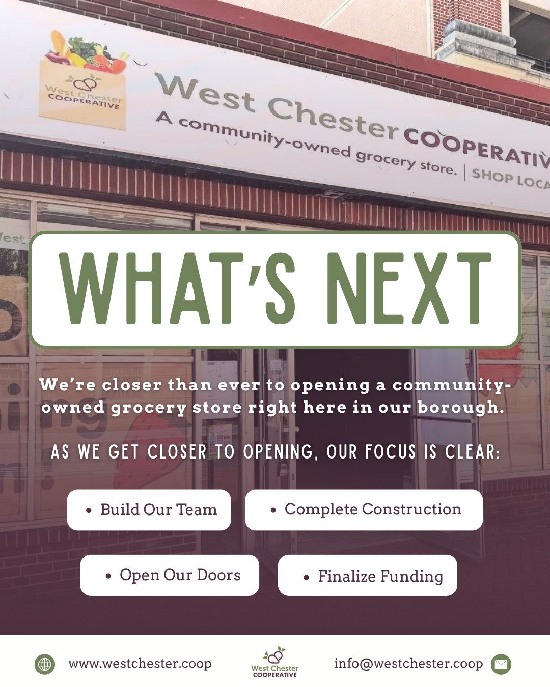 Because of you, the West Chester Cooperative is no longer just a vision—it’s a growing reality. We’re closer than ever to opening a community-owned grocery store right here in our borough.🌱🏗️🛒
Learn More by clicking the link in our bio!