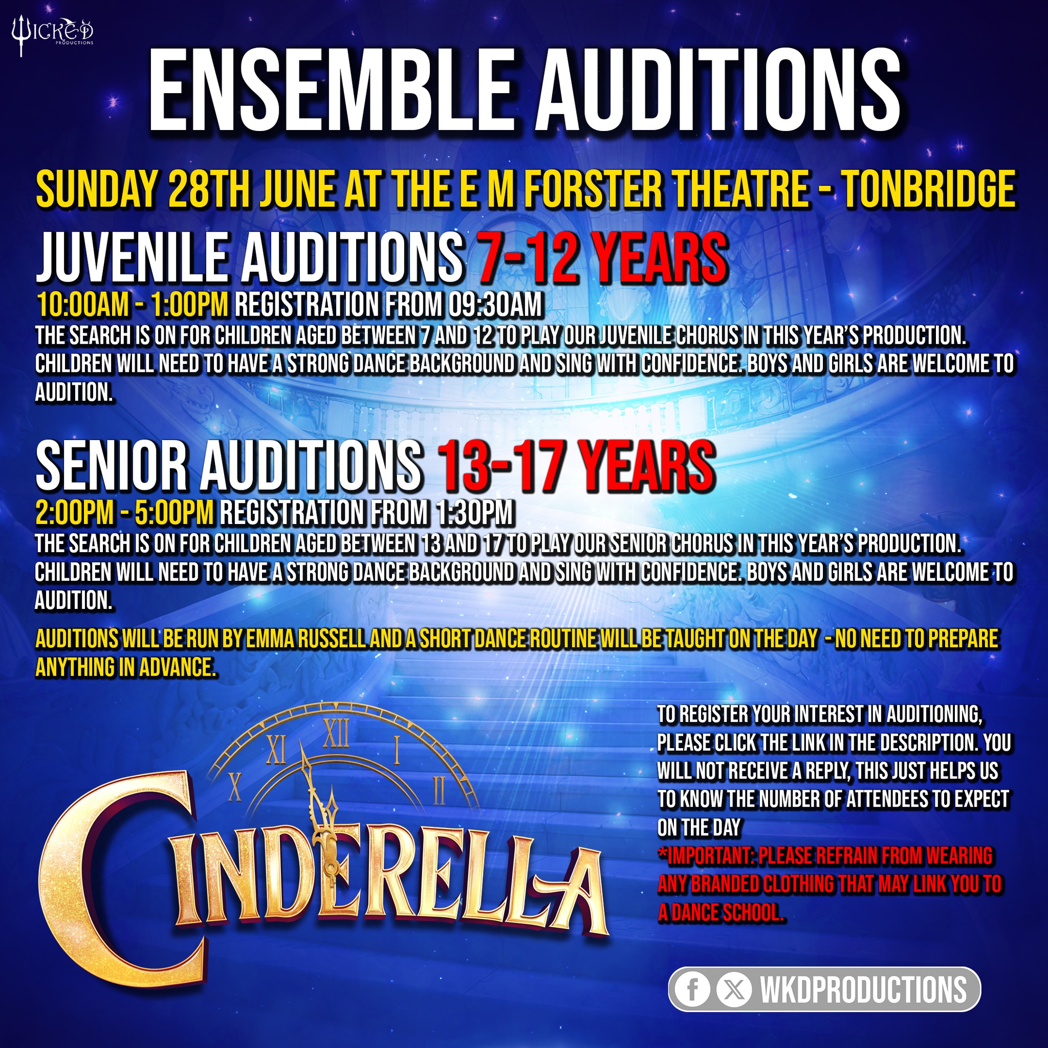 ✨YOUTH ENSEMBLE AUDITIONS!✨
Calling all budding stars! We're on the lookout for talented young performers to join the youth ensemble for our 2026 Pantomime of Cinderella 🌟
📅 Audition Date: Sunday 28th June
📍 Venue: E.M. Forster Theatre, Tonbridge
If your child dreams of treading the boards in front of thousands this Christmas, now’s their chance! 🎭👯
This year’s auditions will be led by the brilliant Emma Russell, with our choreographer Carla watching closely from the wings to make sure every ounce of talent gets seen.
🎒 What to wear: Plain dancewear only please – no dance school logos or previous panto hoodies. We want everyone to shine equally ✨
👀 Please read the audition info on the image and make sure to register your child using the link below.
👉 https://forms.gle/ZpGsinnAN6hiwwMA6
⚠️ Note: We won’t reply to registration emails – they’re just to help us prep for the big day!
Let’s find our next panto stars!
#WickedProductions #CinderellaPanto #EMForster #TonbridgePanto