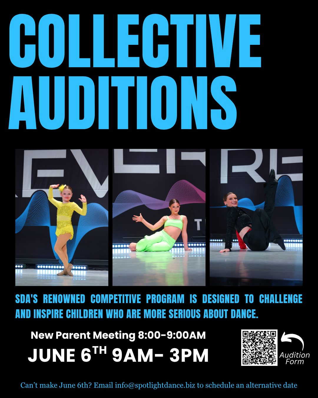 Interested in joining our competitive dance program? Collective auditions are on June 6th, 9AM-3PM, for ages 8+. Sign up now using the audition form on our website! Can't wait to see you there!!