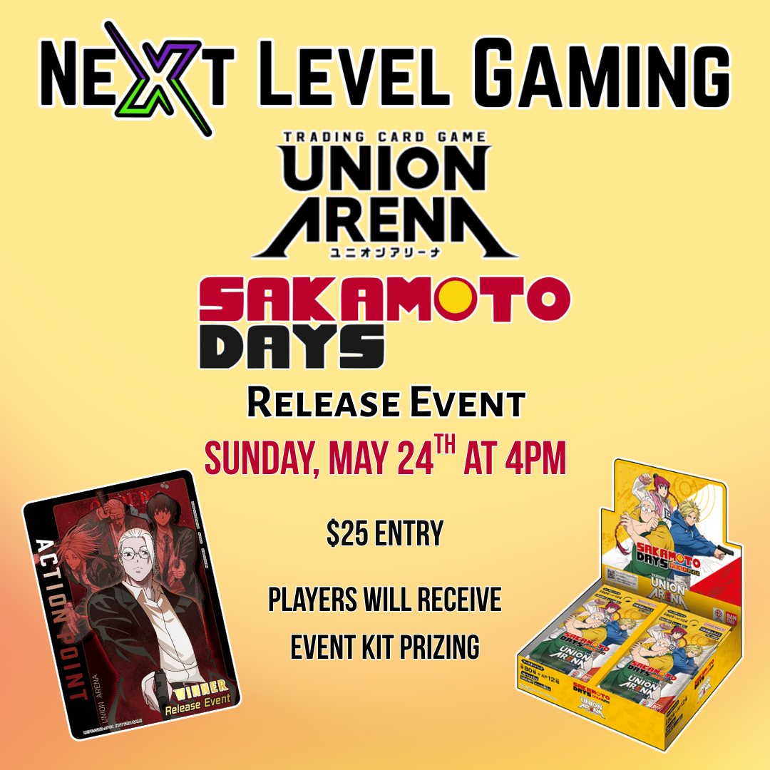 We are hosting our Union Arena Sakamoto Days release event at 4pm on Sunday, May 24th. It is a $25 entry and players will receive 5 packs to construct a deck. Top players will receive event kit prizing. Players must be signed up as SUCCESSFUL in BANDAI TCG+ to participate. Registration will begin at 3pm! We look forward to seeing everyone there!
#unionarenatcg #UnionArena #SakamotoDays #tcg #tcgcommunity #cards #cardshop
