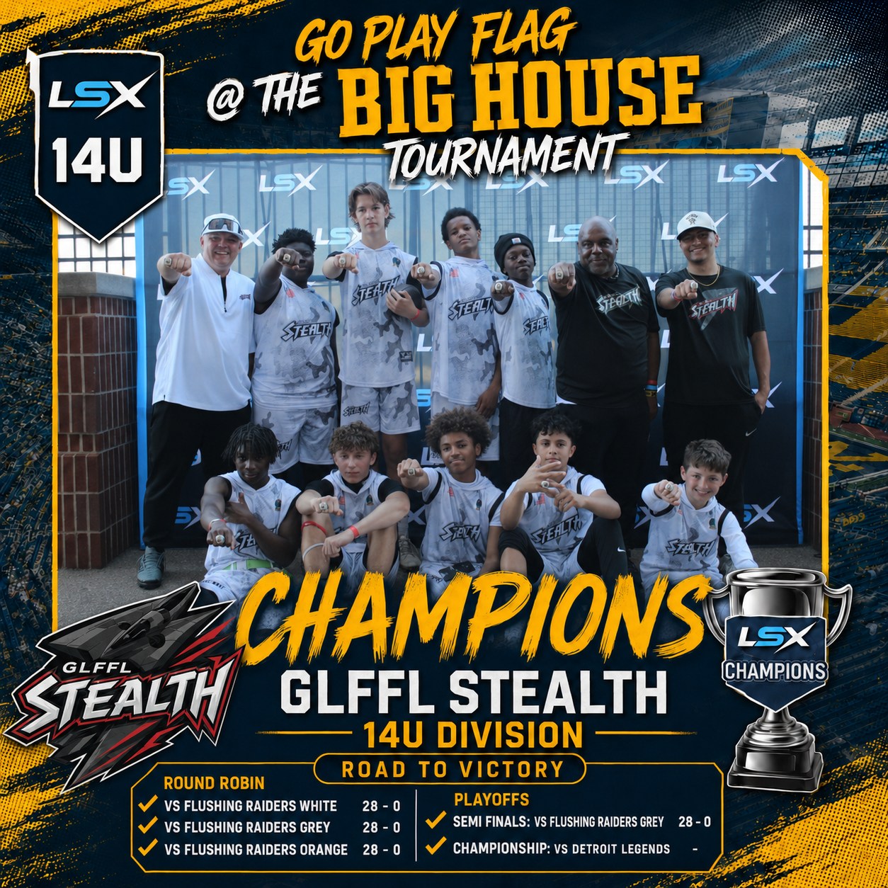 🏆 14U CHAMPIONS: GLFFL STEALTH 🏆
The GLFFL Stealth 14U were on a mission at Go Play Flag @ The Big House — and they finished the job.
Stealth went a perfect 4-0, capturing the 14U Division Championship and their first LSX title of the season.
Round Robin Results:
✅ Stealth 28, Flushing Raiders White 0
✅ Stealth 28, Flushing Raiders Grey 0
✅ Stealth 28, Flushing Raiders Orange 0
That’s 84-0 in pool play.
Then came bracket play.
🔥 Semifinals: Stealth shut out Flushing Raiders Grey again
🏆 Championship: Stealth vs. Detroit Legends
The final was the matchup everyone wanted.
A rematch from the Detroit Regionals.
Two undefeated defenses.
Two elite teams.
One championship.
Detroit Legends had beaten GLFFL twice at Regionals, but this time, Stealth came in with redemption on their mind.
With the rings on the line, GLFFL Stealth rose to the moment and left The Big House as the new champions.
Congratulations to GLFFL Stealth, your Go Play Flag @ The Big House 14U Champions!
#GoPlayFlag #LSX #LeaveYourMark #TheBigHouse #MichiganStadium #YouthFlagFootball #FlagFootball #14UChampions #GLFFLStealth #ChampionshipSunday #RedemptionWin #DefenseWinsChampionships