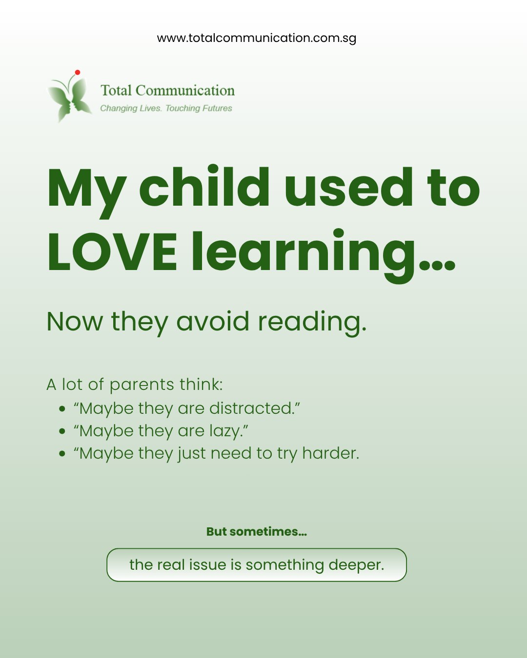 “My child used to love learning…”
Sometimes, a child who avoids reading is not being lazy or distracted, they may be struggling silently.
Dyslexia often shows up through frustration, low confidence, anxiety, or avoiding homework long before it is identified academically.
And when children begin believing “I’m not smart,” the emotional impact can become bigger than the learning difficulty itself.
The goal is not perfection.
The goal is helping a child feel confident, capable, and excited to learn again.
📞 +65 9115 8895
🌐 www.totalcommunication.com.sg
📧 enquiries@totalcommunication.com.sg
#DyslexiaSupport #LearningDifficulties #ChildDevelopment #SingaporeParents #EducationalTherapy #ConfidenceBuilding #TotalCommunication