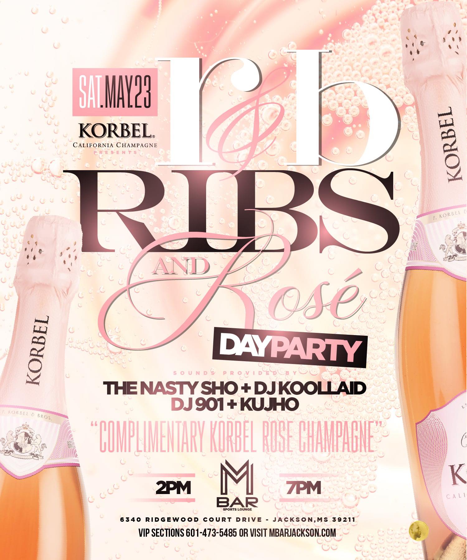 Sat May 23
Memorial Day Weekend
Rnb, Ribs and Rosé
Outdoor Vibes, Specialty Rib Entree, Complementary Rose by Korbel
Doors or at 2pm
Paid Entry at the Door
21+ w/valid ID
#rnbribsandrose #jacksonms