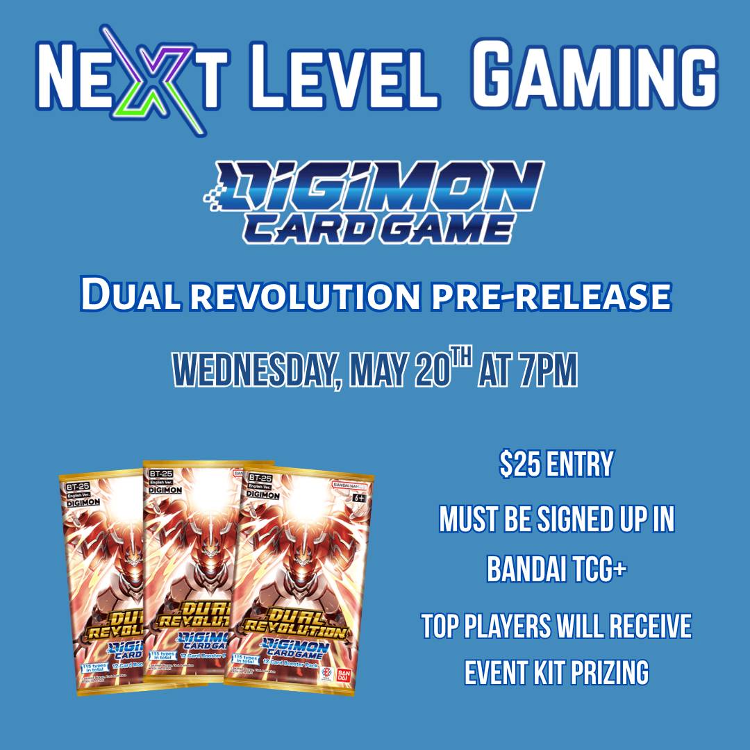 We are hosting our Digimon Dual Revolution release event tomorrow, May 20th at 7pm! It is a $25 entry and players will receive packs to construct a deck. Players must be signed up as SUCCESSFUL on BANDAI TCG+ to participate in the event. Top players will receive event kit prizing. We look forward to seeing everyone there!
#digimon #digimoncardgame #tcg #tcgcommunity #cardshop #supportlocalbusiness #smallbusiness